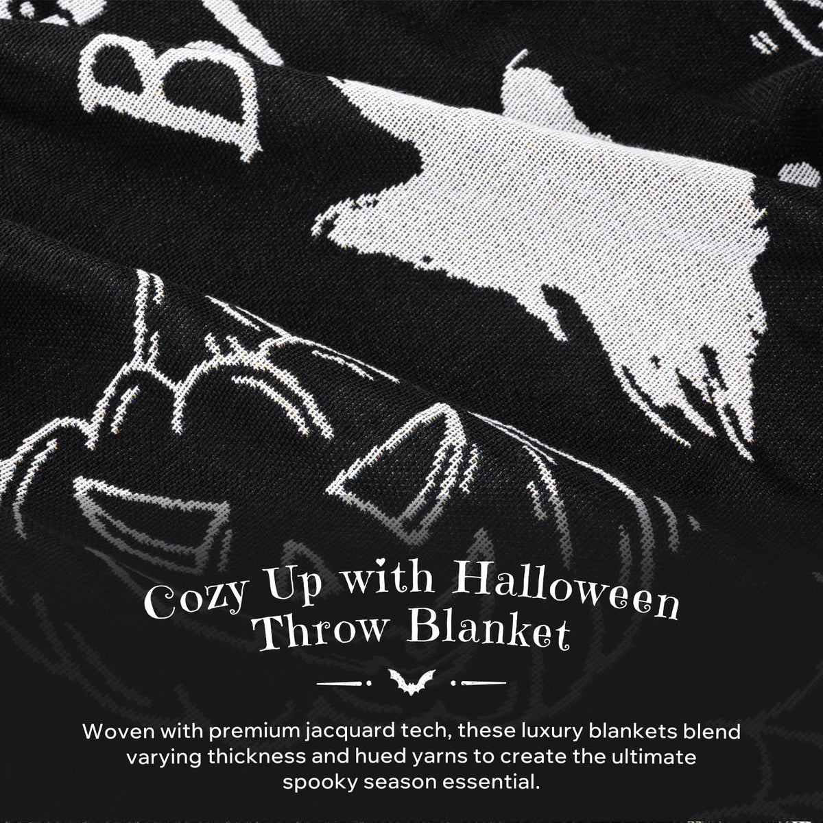 Phantoscope Happy Halloween Blanket, Soft Jacquard Knitted Throw Blanket with Tassel, Warm Cozy Blanket with Skeleton Bat Ghost for Couch Living Room Bedroom, Black, 50 x 60 inches