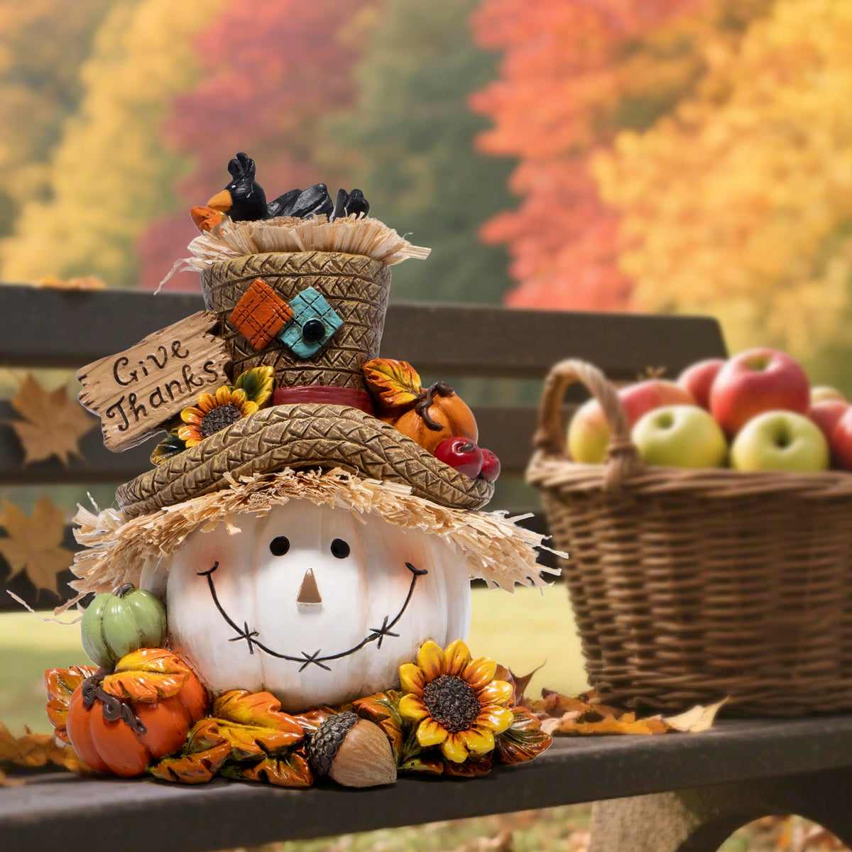 Hodao Thanksgiving Pumpkin Decorations, Resin Fall Autumn Figurine with Straw Hat, Birds, Acorns & Sunflowers, Give Thanks Sign, Festive Gift for Home Tabletop Mantel Thanksgiving Decorations (White)
