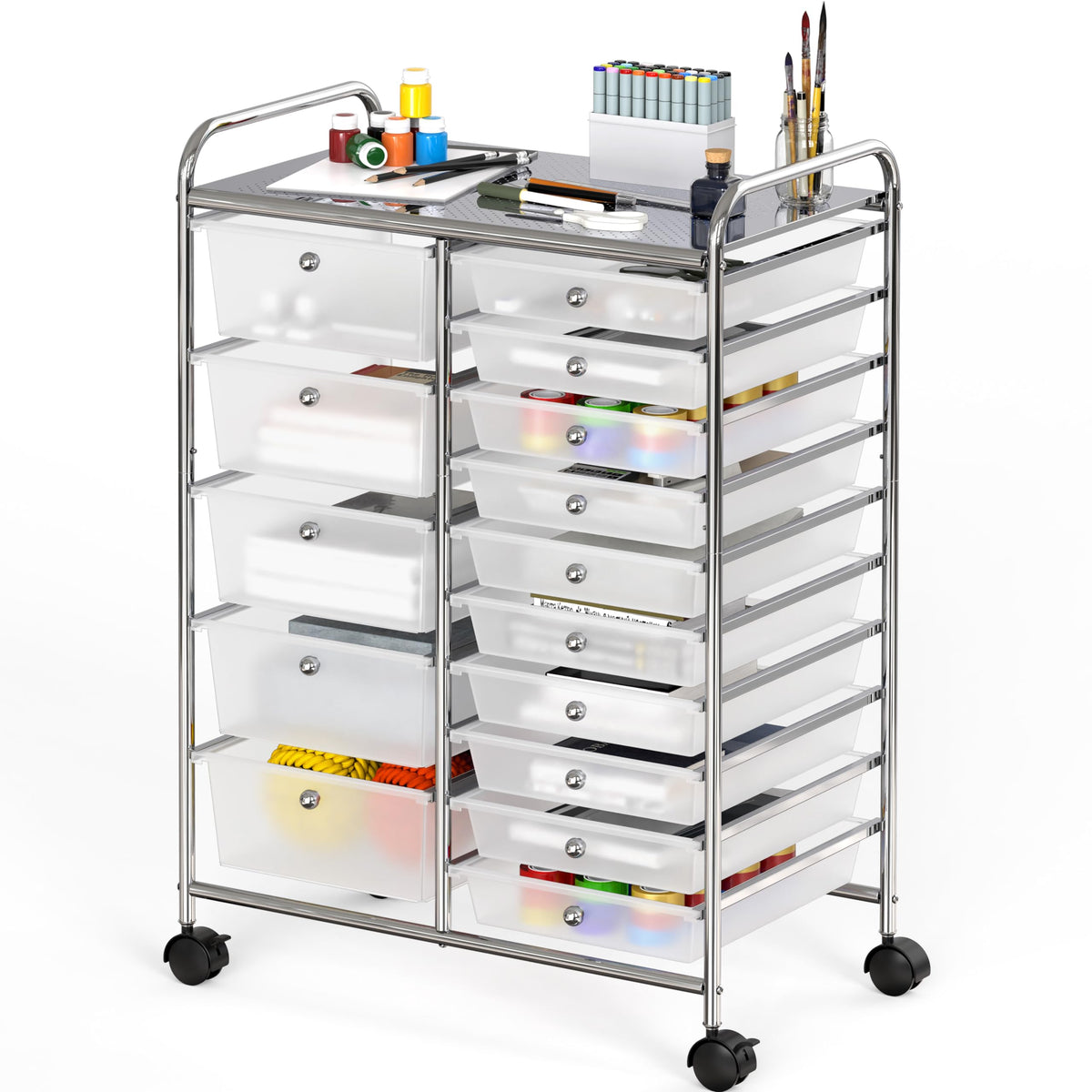 Simple Houseware Utility Cart with 15 Drawers Rolling Storage Art Craft Organizer, Chrome