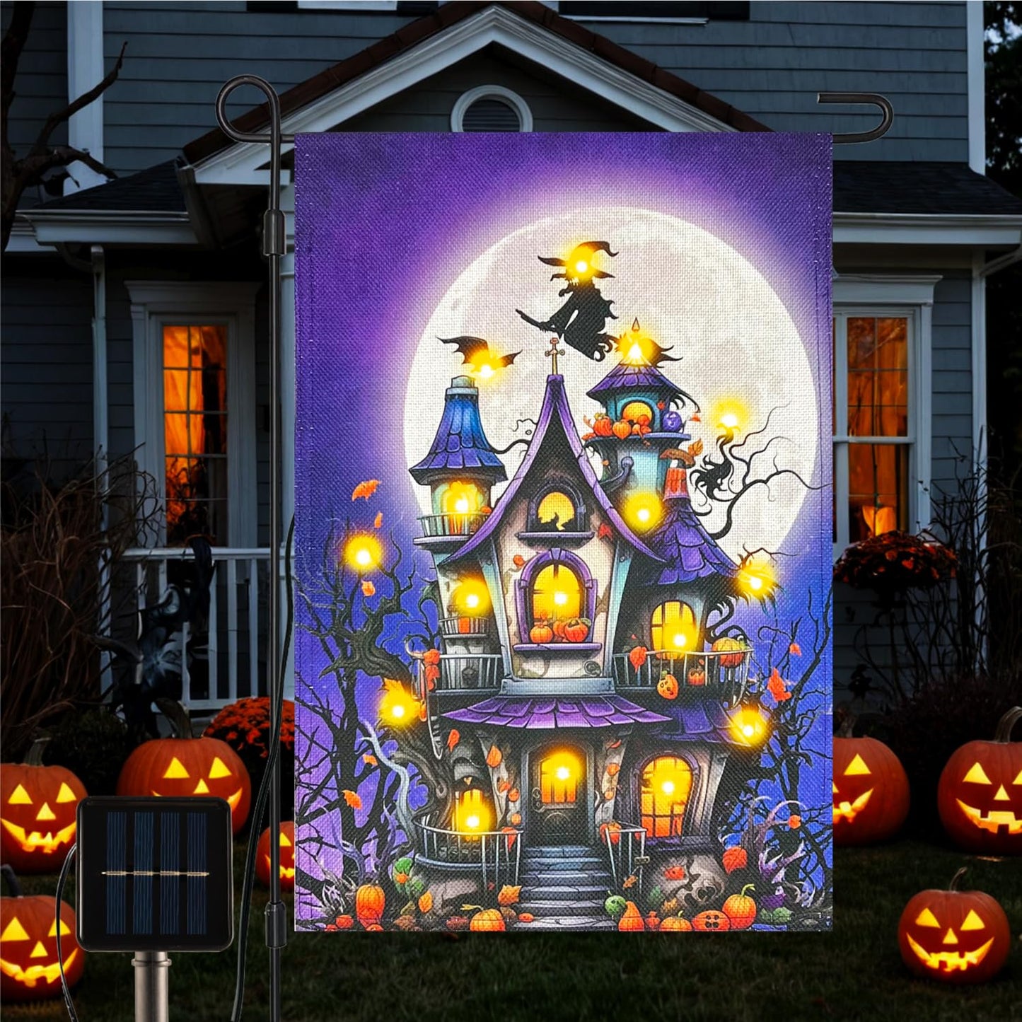 Vigor Home Solar Lighted Halloween Garden Flag Double Sided 12×18 Inch, 8 Modes Led Small Vertical Haunted House Pumpkin Witch Full Moon Yard Flags for Outside Front Porch Lawn Outdoor Decor