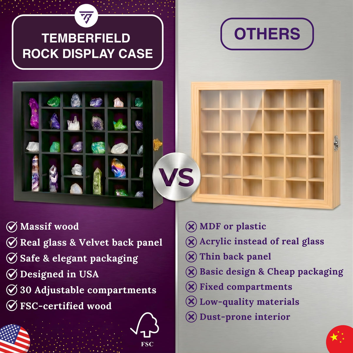 Premium Rock Display Case – Wooden Shadow Box with Shelves for Crystals, Seashell & Figurines – 30 Adjustable Compartments – Real Glass Door – Elegant Storage for Collectibles