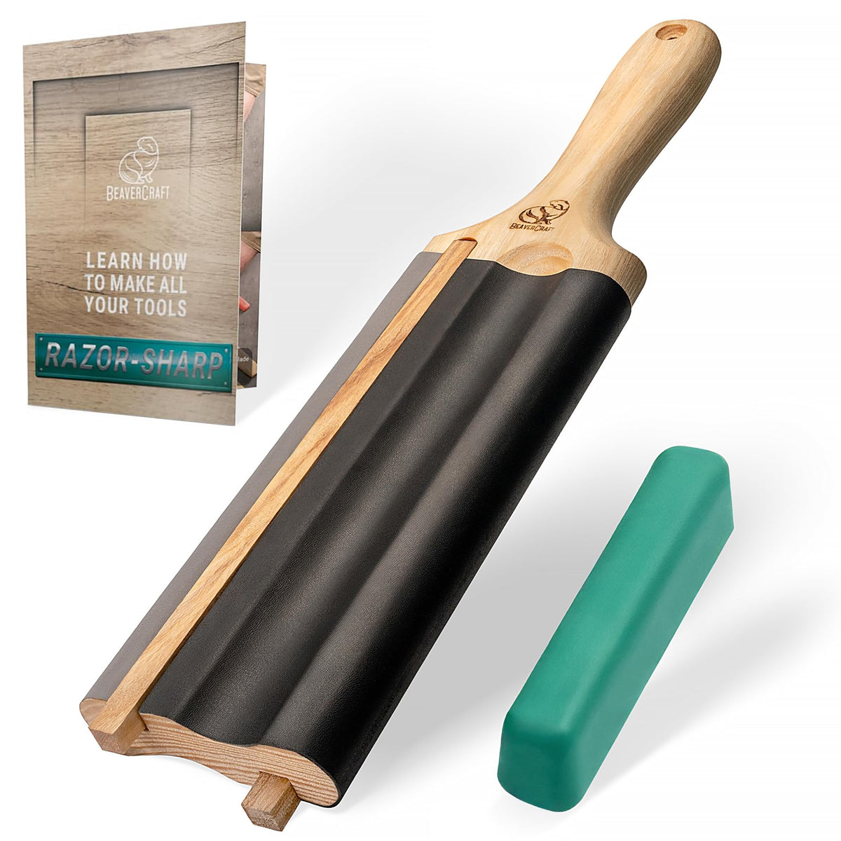 BeaverCraft LS5P1 Wood Carving Strop Wood Carving Gouge Hook Knife Sharpening Honing Tools Strop Stropping Kit Leather Paddle Strop Spoon Carving Tools Sharpening Kit Sharpener with Polishing Compound