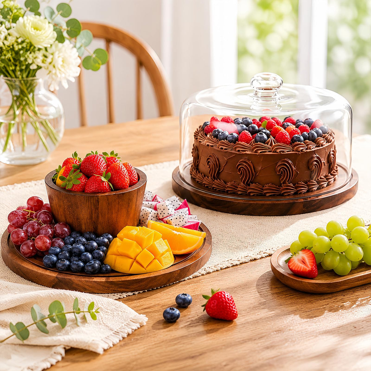 PopularLdo Acacia Wood Cake Stand with Lid - 12 Inch Magnetic Detachable Cake Stand with Dome, Shatterproof Acrylic Cover, Versatile Cake Holder & Charcuterie Board for Parties, Dessert Table Display