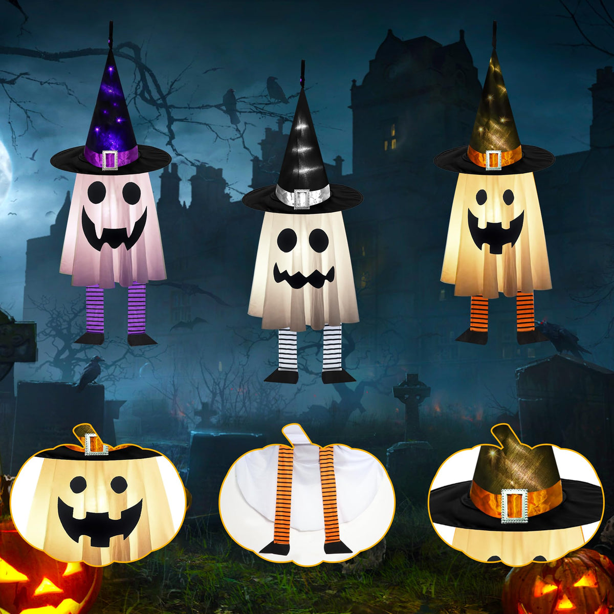 Halloween Decorations Outdoor - 3PCS Halloween Hanging Light up Ghosts, Orange & Purple & White Spooky Glowing Ghost Witch Hat for Garden Yard Tree Haunted Houses Indoor Outside
