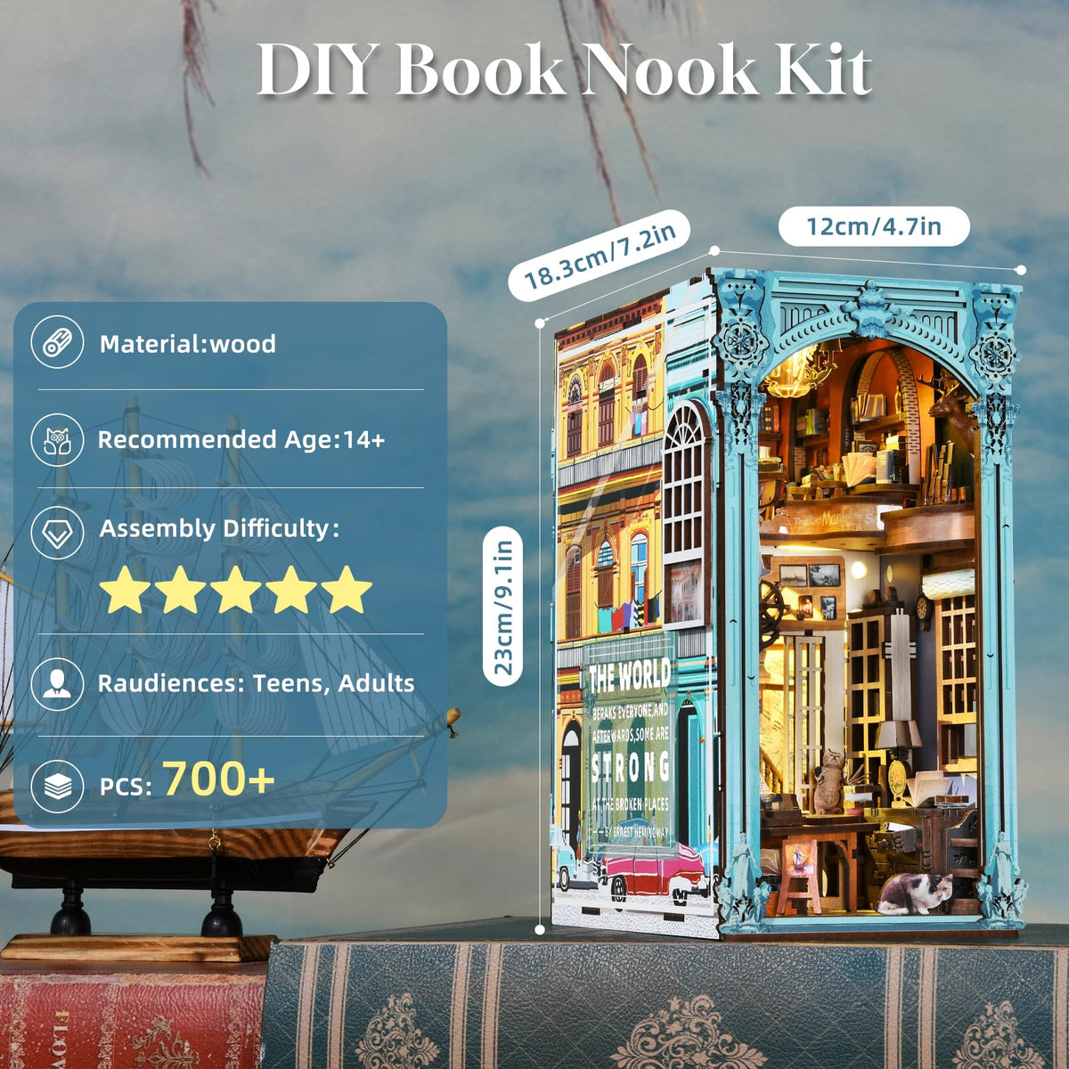 CCCDF DIY Book Nook Kit, Miniature Dollhouse Booknook Kit, 3D Wooden Puzzle Bookend Bookshelf Insert Decor with LED Light for Teens and Adults (Hemingway House)