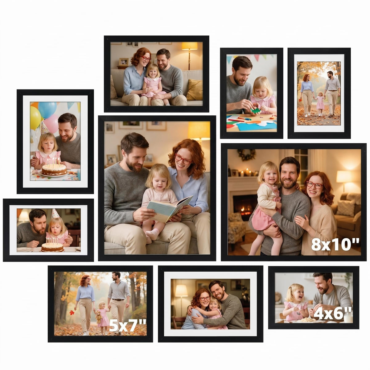 Giftgarden Multi Sizes Picture Frame Set 10 Pack, Assorted Black Photo Frames Collage with Moon Phase Mats for Wedding Gift Anniversary Gallery Wall Display