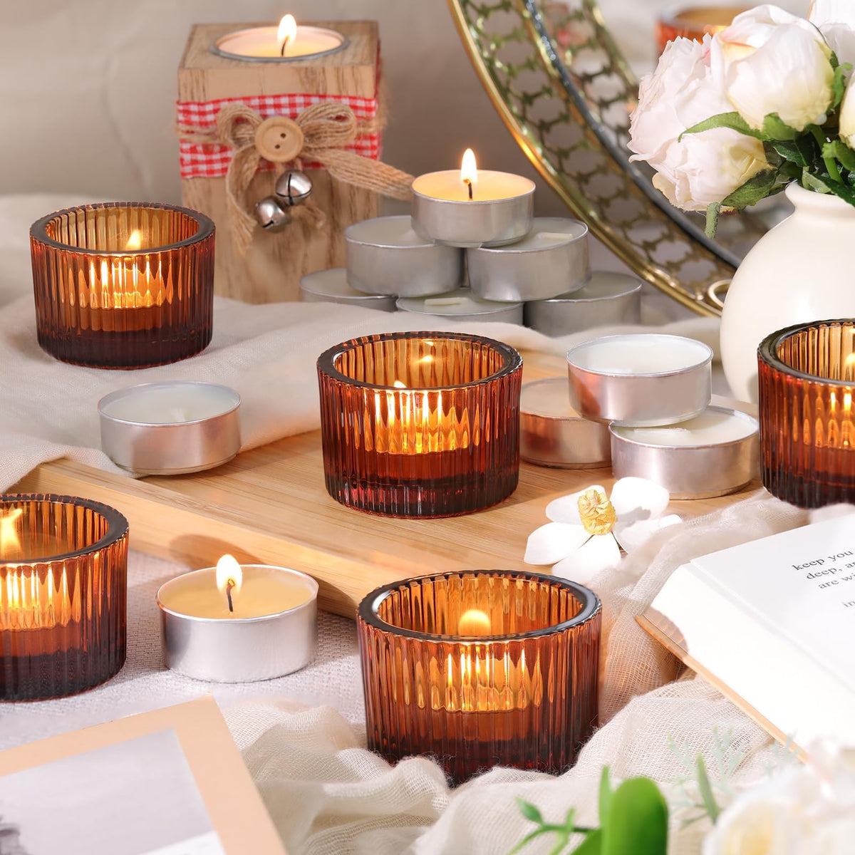 HAVITI 18 Pcs Amber Tealight Candle Holders with 18PCS Tealights, Glass Votive Candle Holders Set for Table Centerpiece, Home Decor and Party Supplies