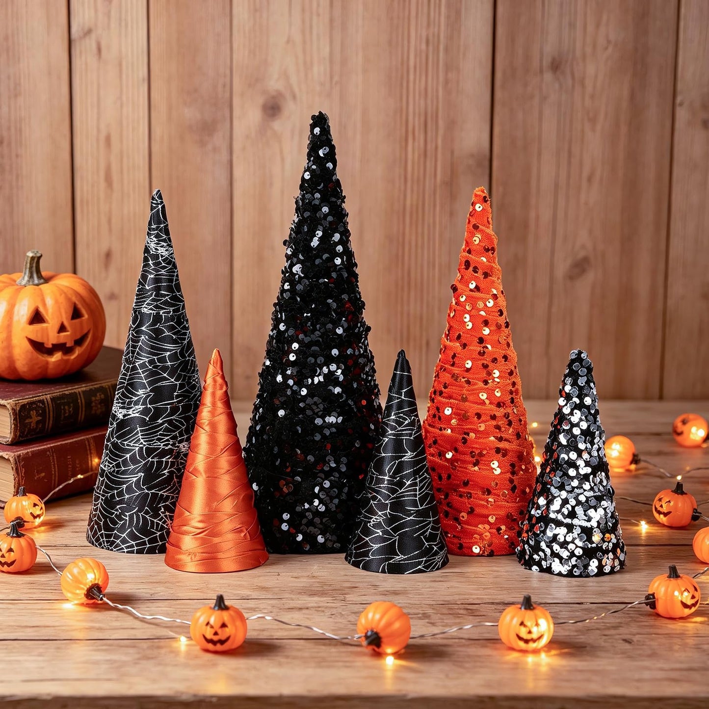 6 PCS 12" 10" 6" Cone Tree Decorations Halloween Sequin Satin Table Centerpieces Decor Black Orange Spider Web Halloween Tiered Tray Ornament Xmas Tree for Home Entryway Tabletop Centerpiece Decor