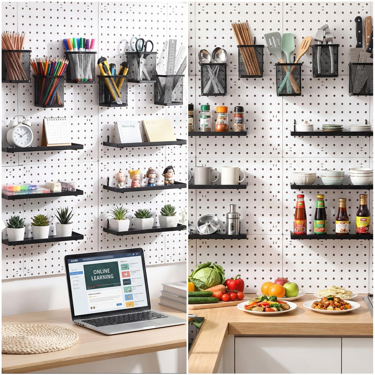 Tosstuki 12 Pack Pegboard Organizer Accessories - 6 Pegboard Cups Pencil Holder Peg Board - 6 Shelves Metal Shelf Brackets - Tools Storage Arrange System Kit for Office Garage Room
