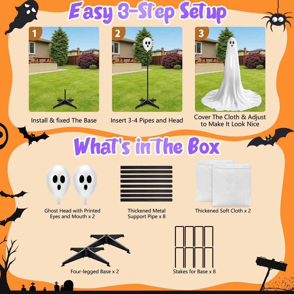 Evoio Halloween Decorations Outdoor 2 Packs 57'' Standing Ghost Adjustable Height, Light Up Spooky Halloween Decor with Built-in LED, Indoor Outside Yard Porch Lawn Party Supplies Decors