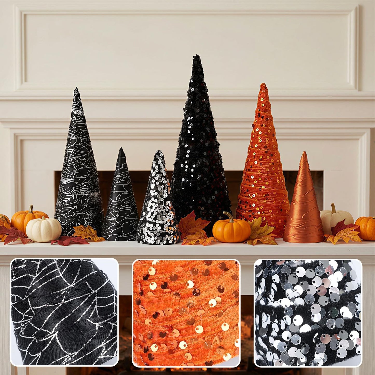 6 PCS 12" 10" 6" Cone Tree Decorations Halloween Sequin Satin Table Centerpieces Decor Black Orange Spider Web Halloween Tiered Tray Ornament Xmas Tree for Home Entryway Tabletop Centerpiece Decor