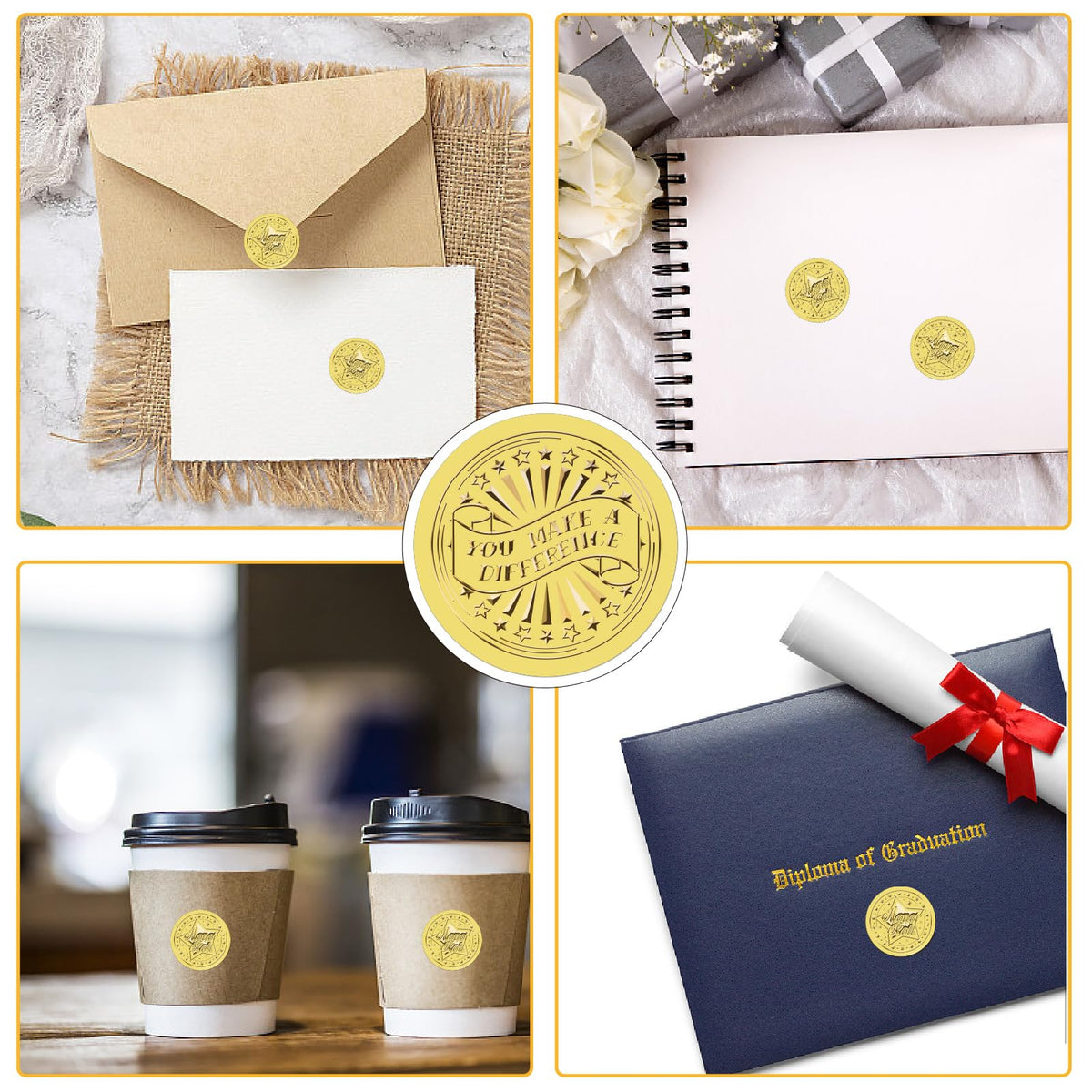 CRASPIRE 625Pcs You Make a Difference Gold Envelopes Seals Stickers 1.5" Foil Embossed Self Adhesive Certificates Round Labels for Invitation Graduation Award Diplomas Wedding Gift Wrapping Decor