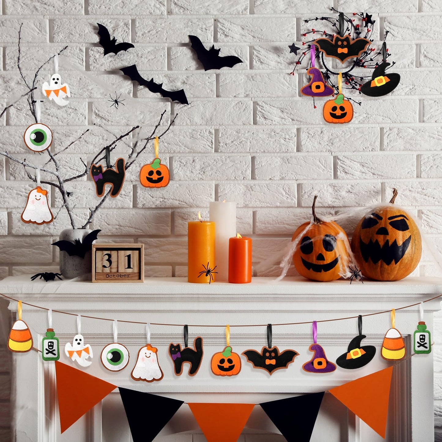 Breling 20 Pcs Halloween Felt Ornaments 3D Halloween Tree Hanging Decorations 3.15 Inch Ghost Bat Pumpkin Black Cat Witch Hat Felt Ornaments for Garland Banner Mantle Wall Party Decor
