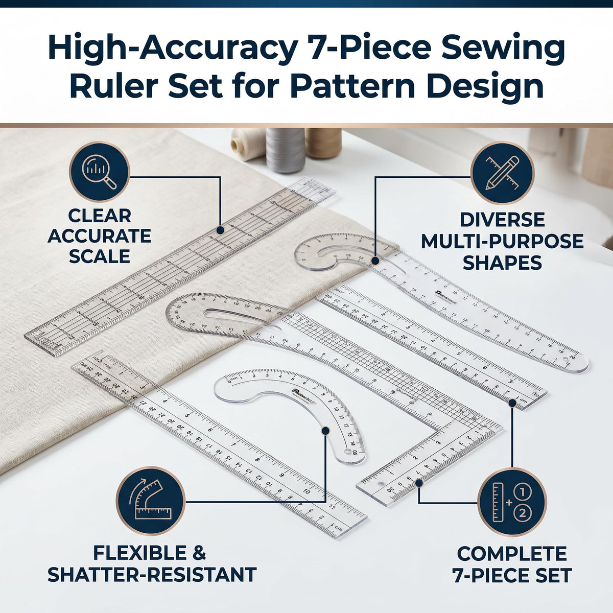 Professional Sewing Ruler Set, 7-Piece French Curve Pattern Making Rulers for Tailors, Designers, Beginners