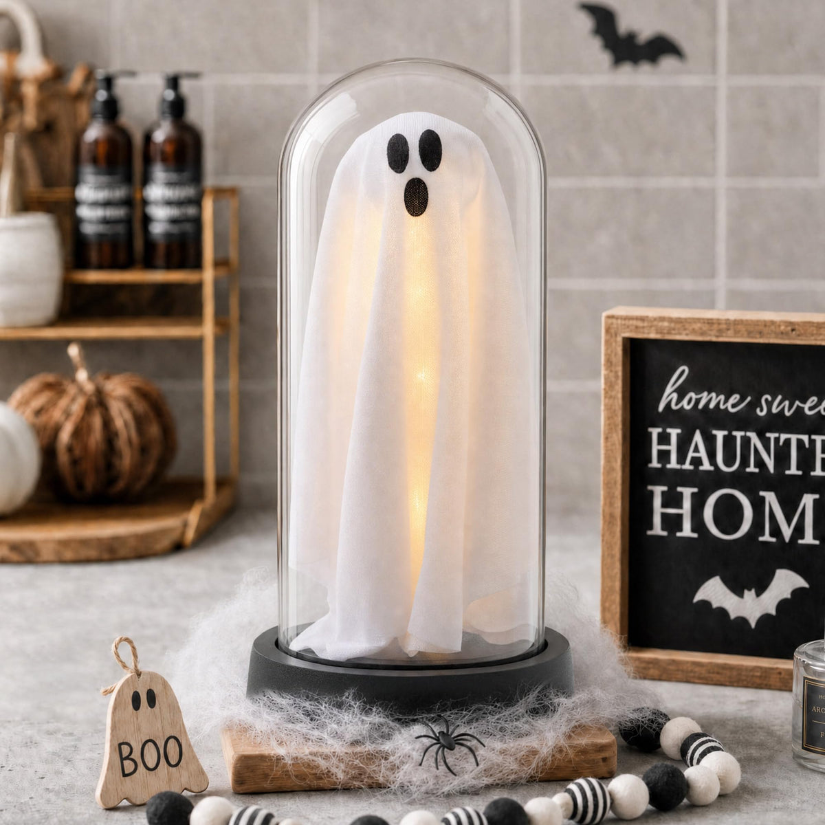 Halloween Decor-Halloween Decorations Indoor-Light Up Ghost in Glass Cloche-Cute Ghost with Light for Home Kitchen Mantel Tabletop Party Decor and Holiday Decorations