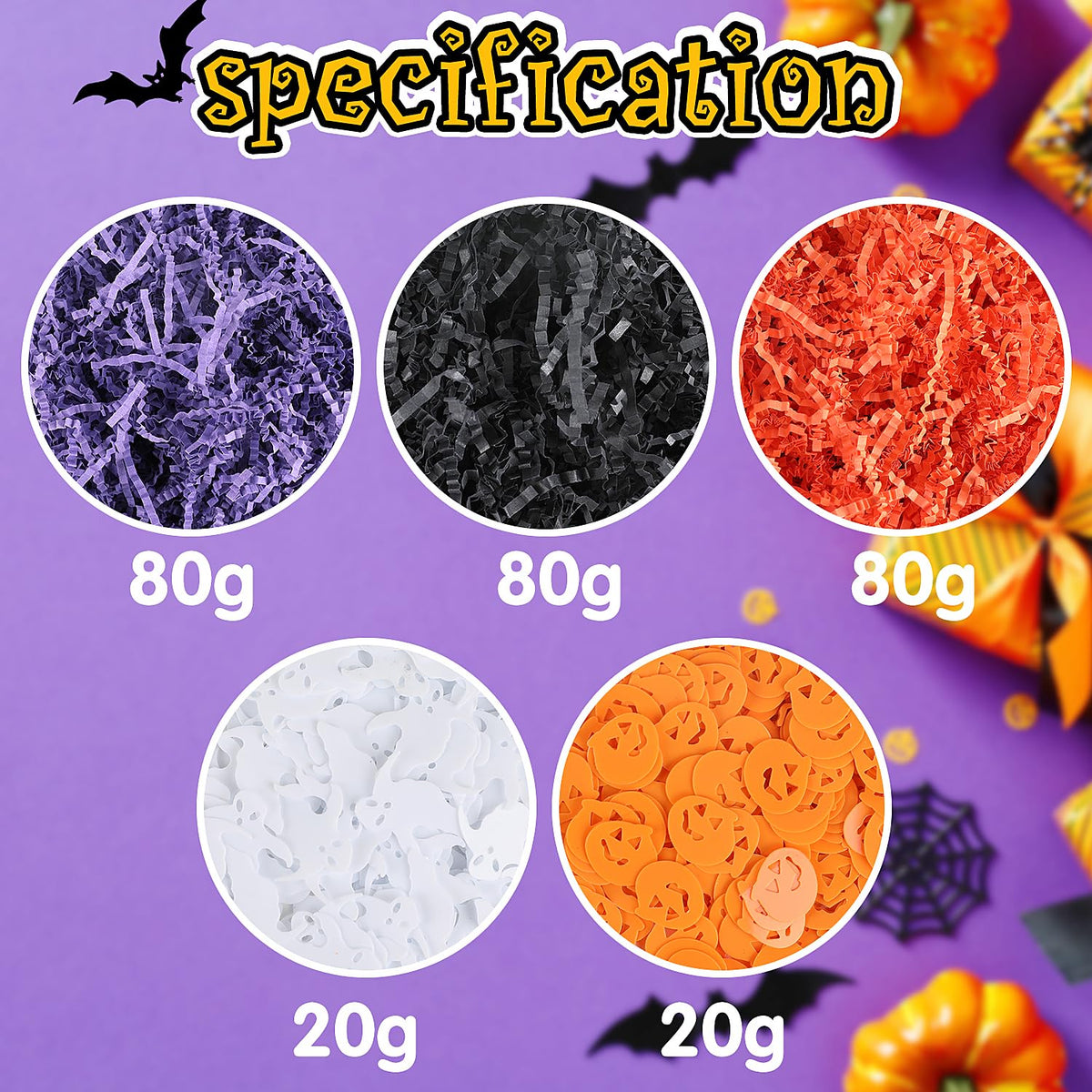 FOIMAS Halloween Crinkle Cut Paper,9.87oz Black Orange Purple Shred Raffia Paper with Pumpkin Ghost Confetti for Trick or Treat Halloween Bakset Gift Packaging Supply