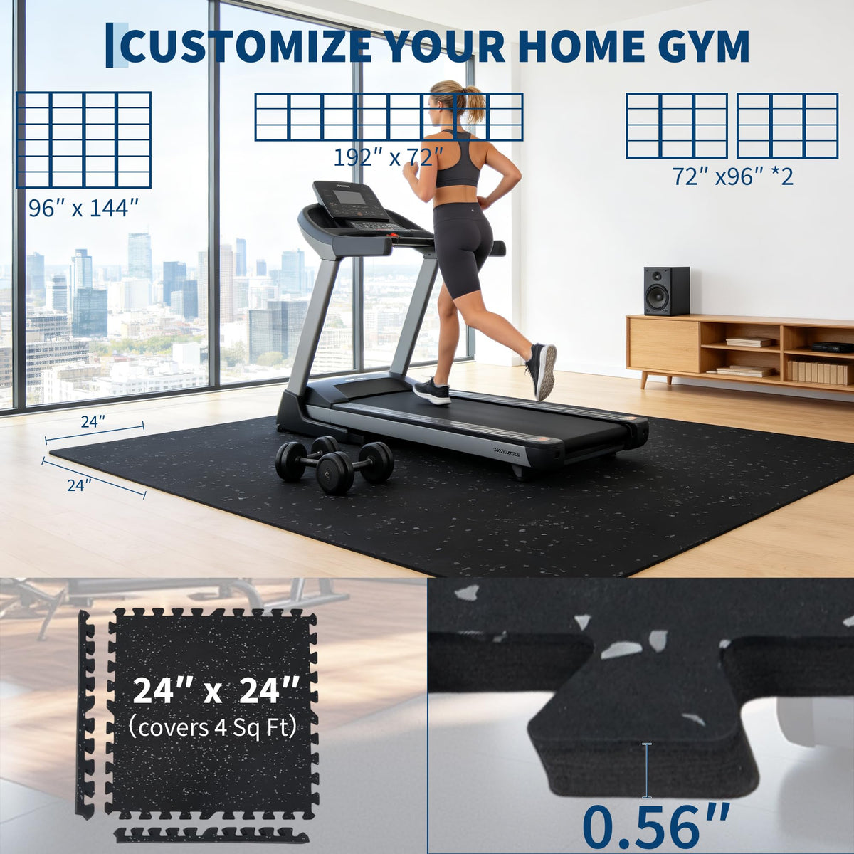 0.56" Thick 96 Sq ft Exercise Mats,24 Tiles Rubber Top 24"X24" Interlocking Puzzle Gym Flooring with High Density EVA Foam for Home Gym & Heavy Weight Workout,Black/Grey