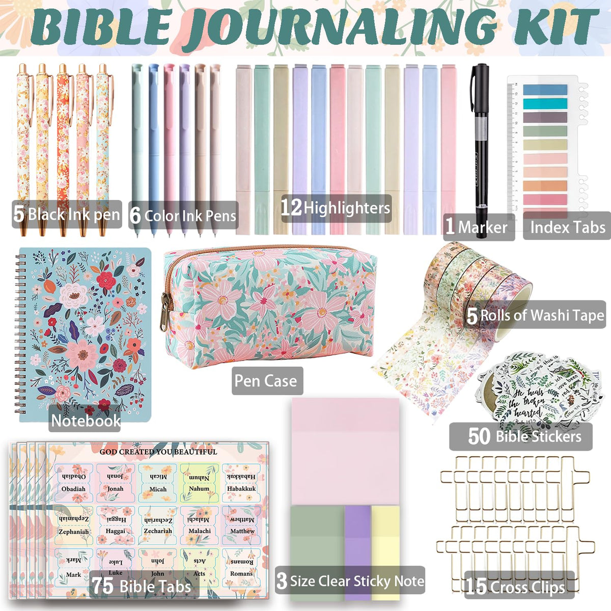 PartyGalore Bible Study Supplies Journaling Kit with Tabs and Notebooks, Bibles Highlighters and Pens No Bleed, Bible Study Kit for Women Students Beginner Christian Gifts