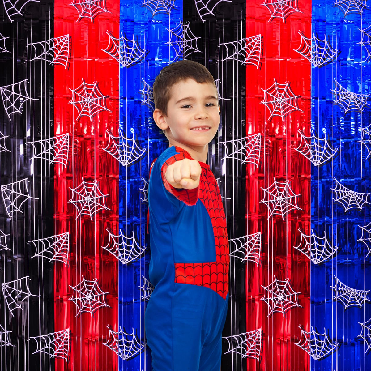 Bupelo Spider Web Birthday Decorations, 2 Pack Spider Party Supplies 3.3x6.6ft Tinsel Foil Fringe Curtains, Red Black, and Blue Photo Booth Prop Backdrop Streamer, Birthday Decor, Party Decor for Boys
