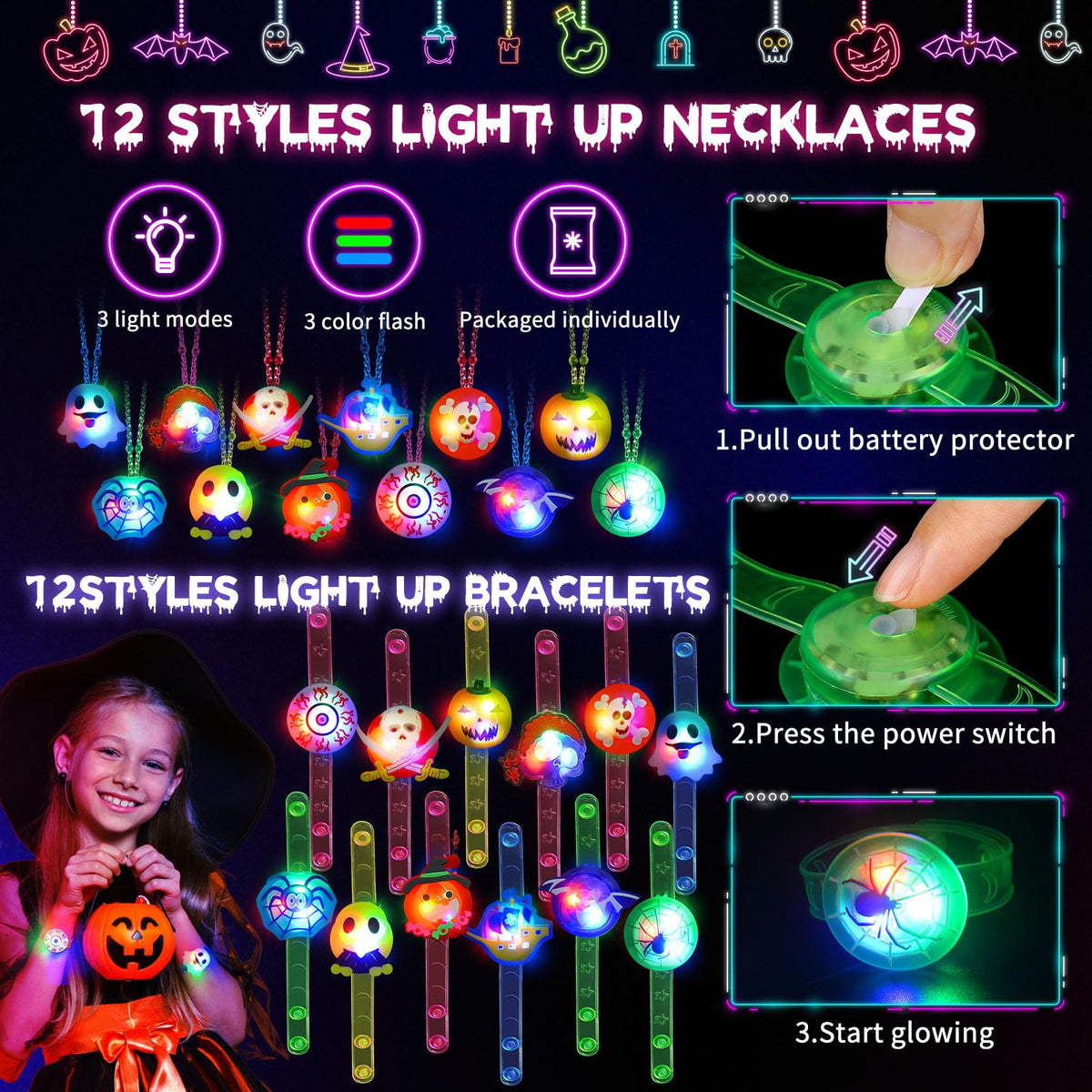 118 PCS Halloween Party Favors Bulk, 80 Rings, 14 Brooches, 12 Necklaces, 12 Bracelets,Halloween Toys for Kids, Glow in the Dark Toys, Bulk Halloween Goodie Bag Fillers, Halloween Party Supplies
