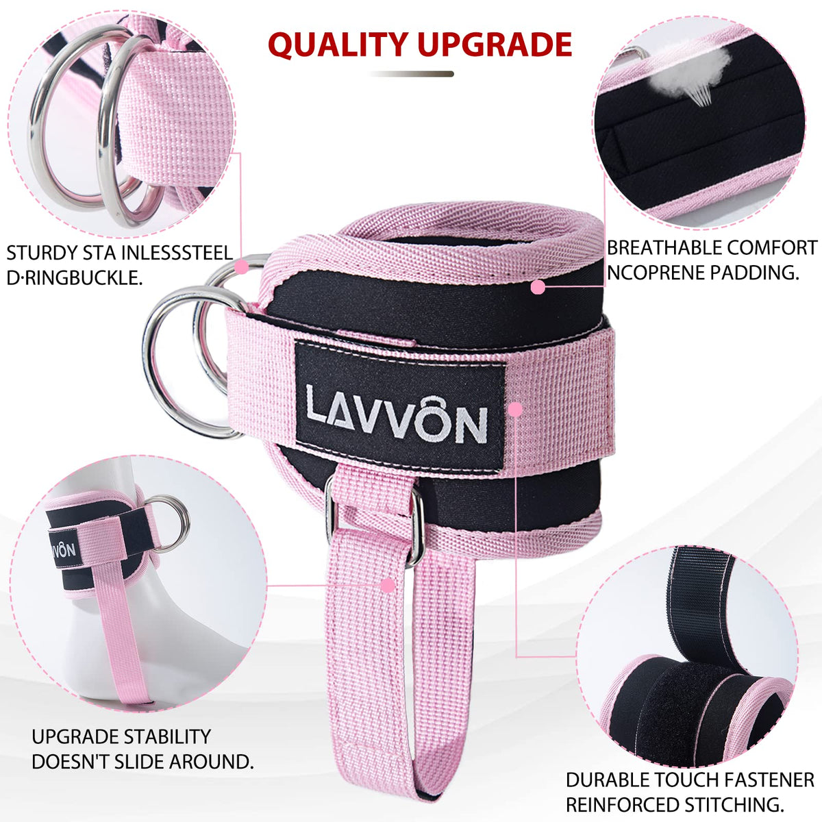 LAVVON Ankle Straps for Cable Machines Kickbacks - Adjustable Comfort Ankle Cable Attachments for Gym Ankle Cuff Cable Machine Glute Kickback Straps - Leg Extensions, Curls & Ankle Cuffs Women
