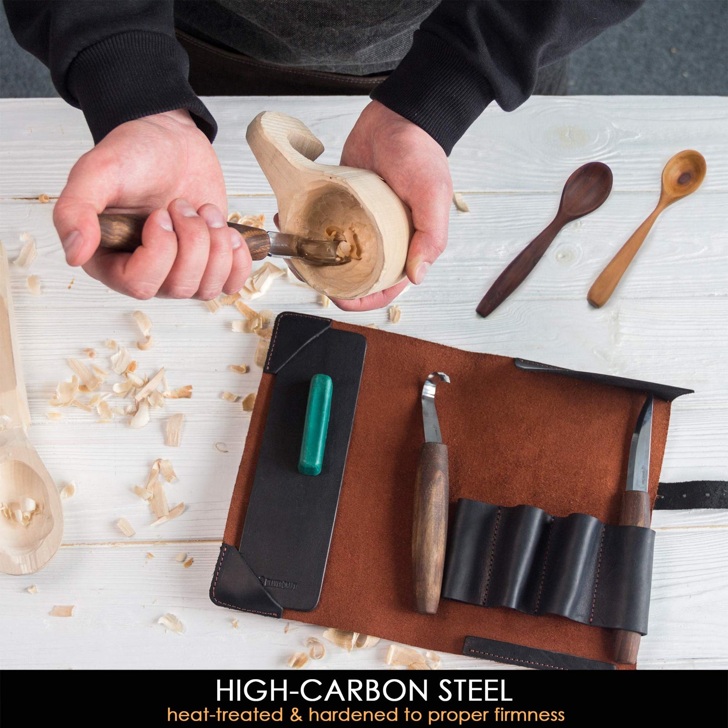 BeaverCraft Wood Spoon Carving Tools Kit S14x Deluxe - Whittling Tools Set Includes Sloyd Wood Carving Knife, Hook Knife, Gouge, Leather Roll-Up Case & Leather strop with Polishing Compound