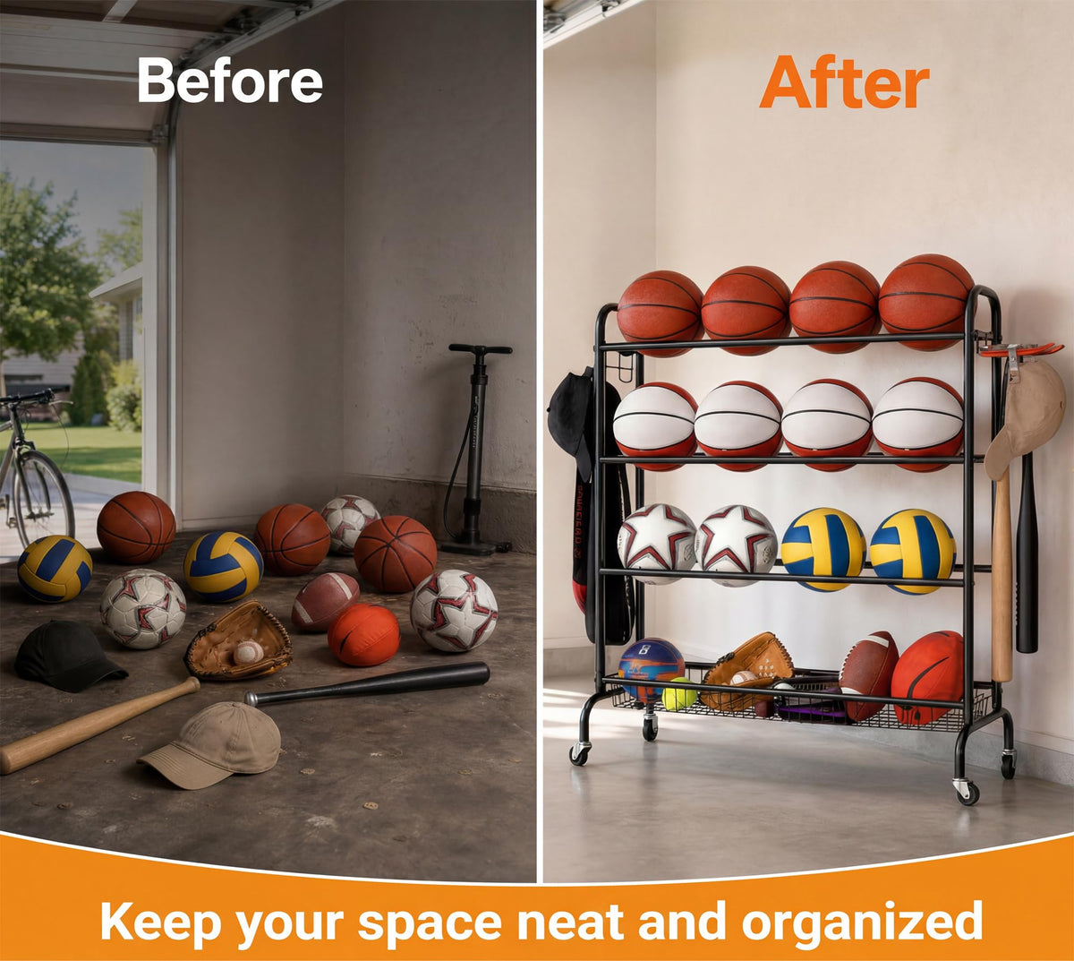 EXTCCT Basketball Rack, Outdoor Rolling Basketball Shooting Training Stand,Sports Equipment Storage with Wheels, Garage Four-layer ball Holder With Two Basket For Basketballs Footballs Volleyball