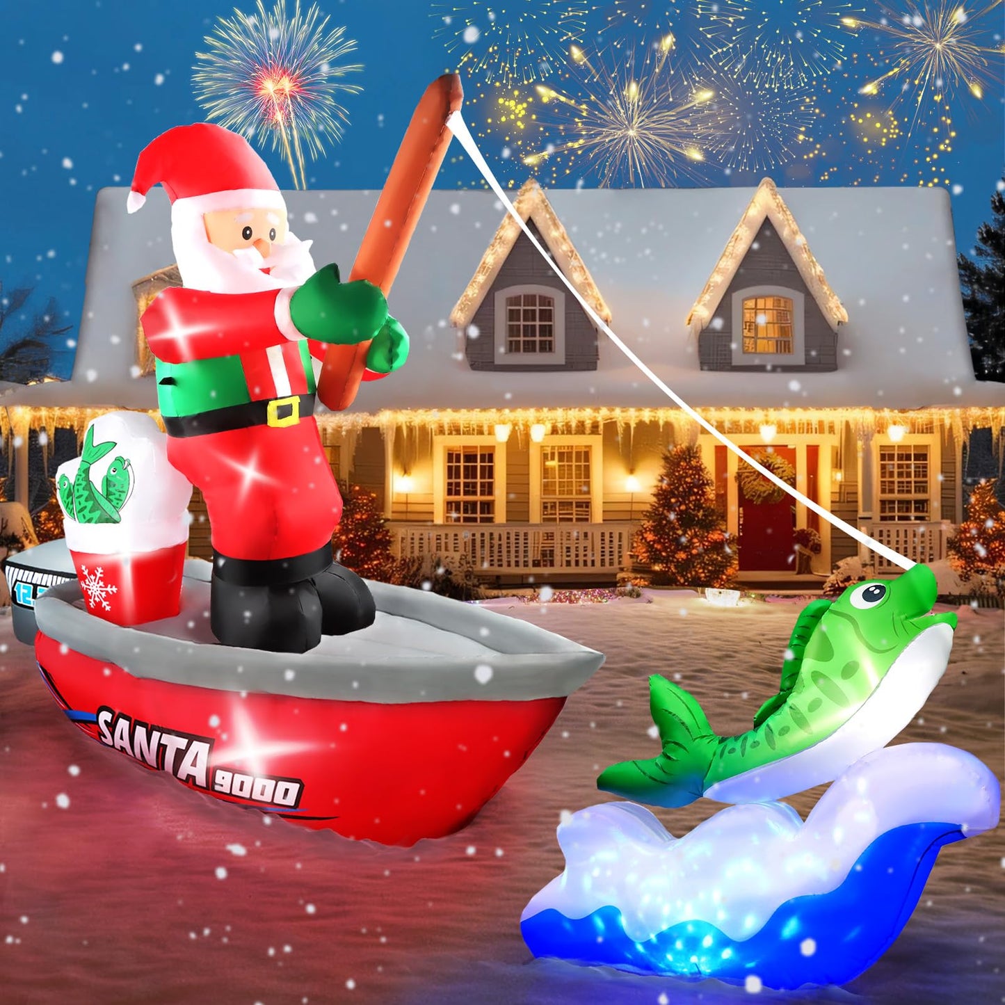 Kalolary 15FT Long Christmas Inflatables Fishing Santa Claus, Santa Inflatables Blow Up Yard Outdoor Decorations with Built-in Rotating Blue LED Lights for Xmas Party Yard Garden Lawn Indoor Decors