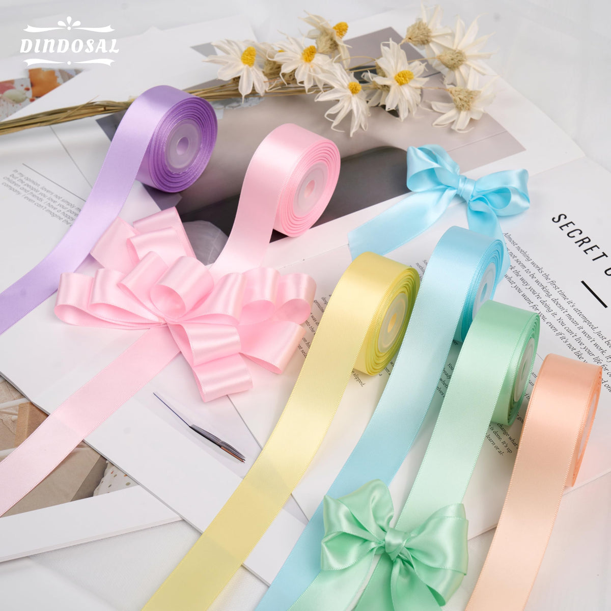 DINDOSAL Pastel Ribbon Set 1 Inch x 60 Yards, 6 Rolls Pastel Rainbow Satin Ribbon for Easter Decor, Spring Decorations, Bridal Shower, Gift Wrapping, Bouquets, Party Supplies and Crafts