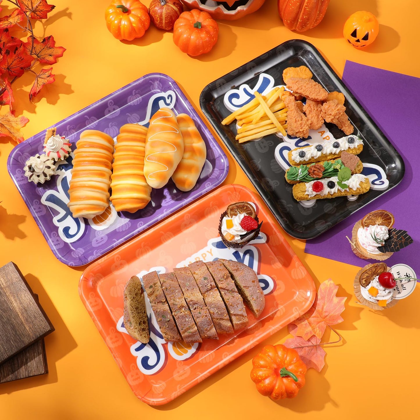 Zubebe 3 Pcs 13 x 10 Inch Halloween Serving Tray, Reusable Serving Dishes, Black Orange Purple Platter, Pumpkin Bat Witch Hat Trays, Snacks Fruit Dessert Candy Holder Dishes for Halloween Party