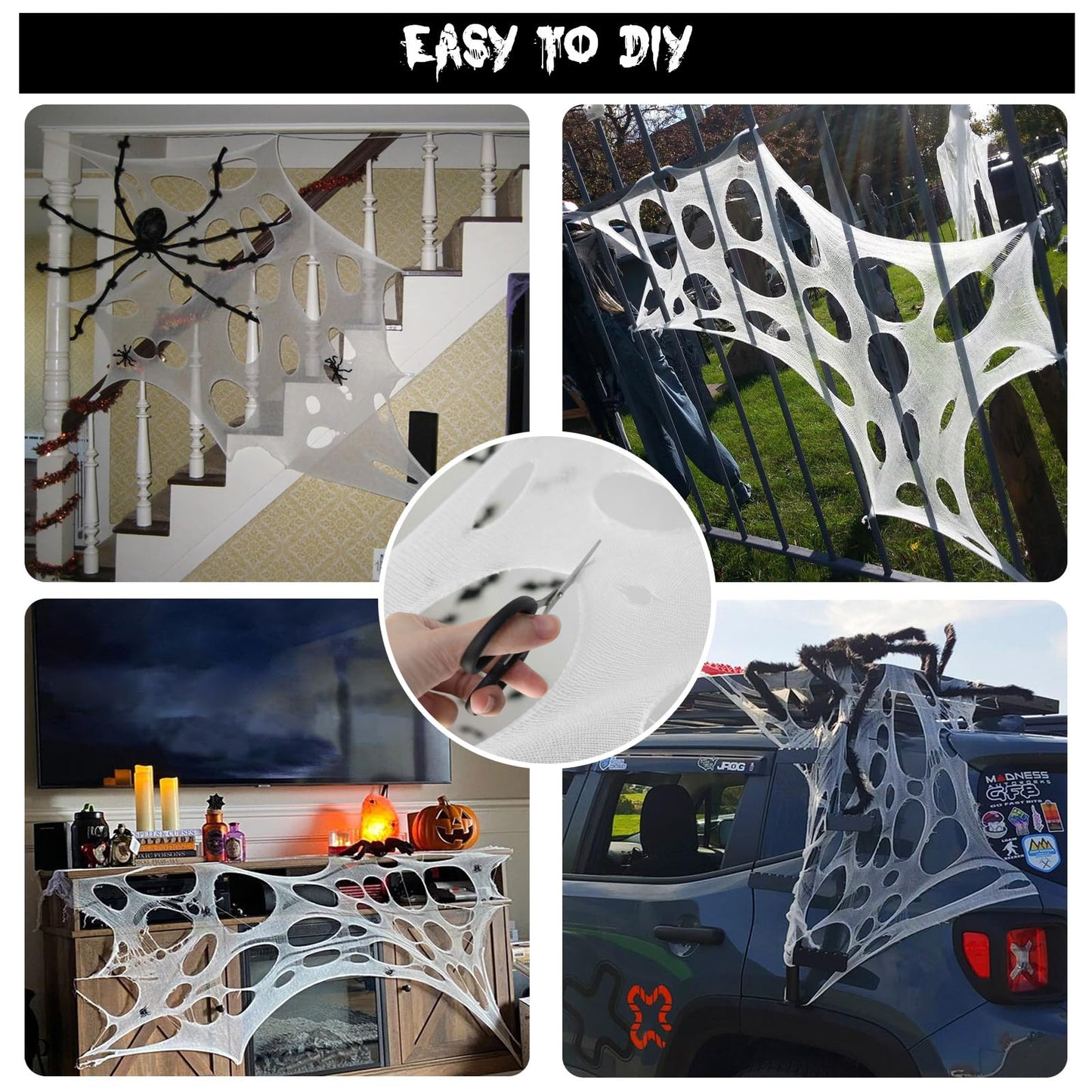 CESOF Giant Beef Netting Spider Web Halloween Decorations, Pre-Cut Spiderwebs Super Stretchy DIY Spider Webbing with Stakes, Gauze Cobwebs for Haunted House Yard Garden Party Outdoor Decor(1)