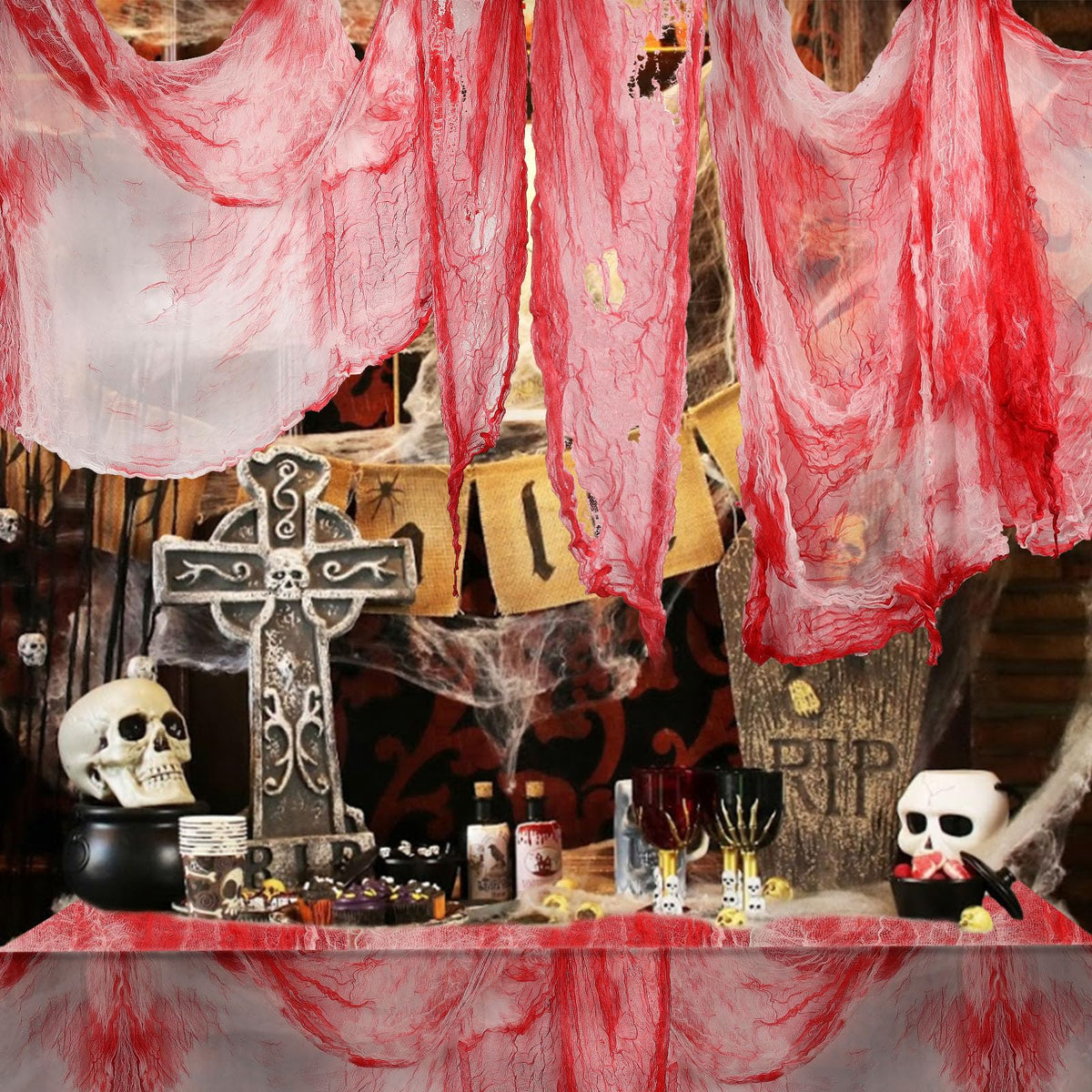 ZYP Halloween Blood Red Creepy Cloth 410 x 80 Creepy Gauze Cloth Scary Halloween Decoration for Outdoor Yard Home Wall Decorations