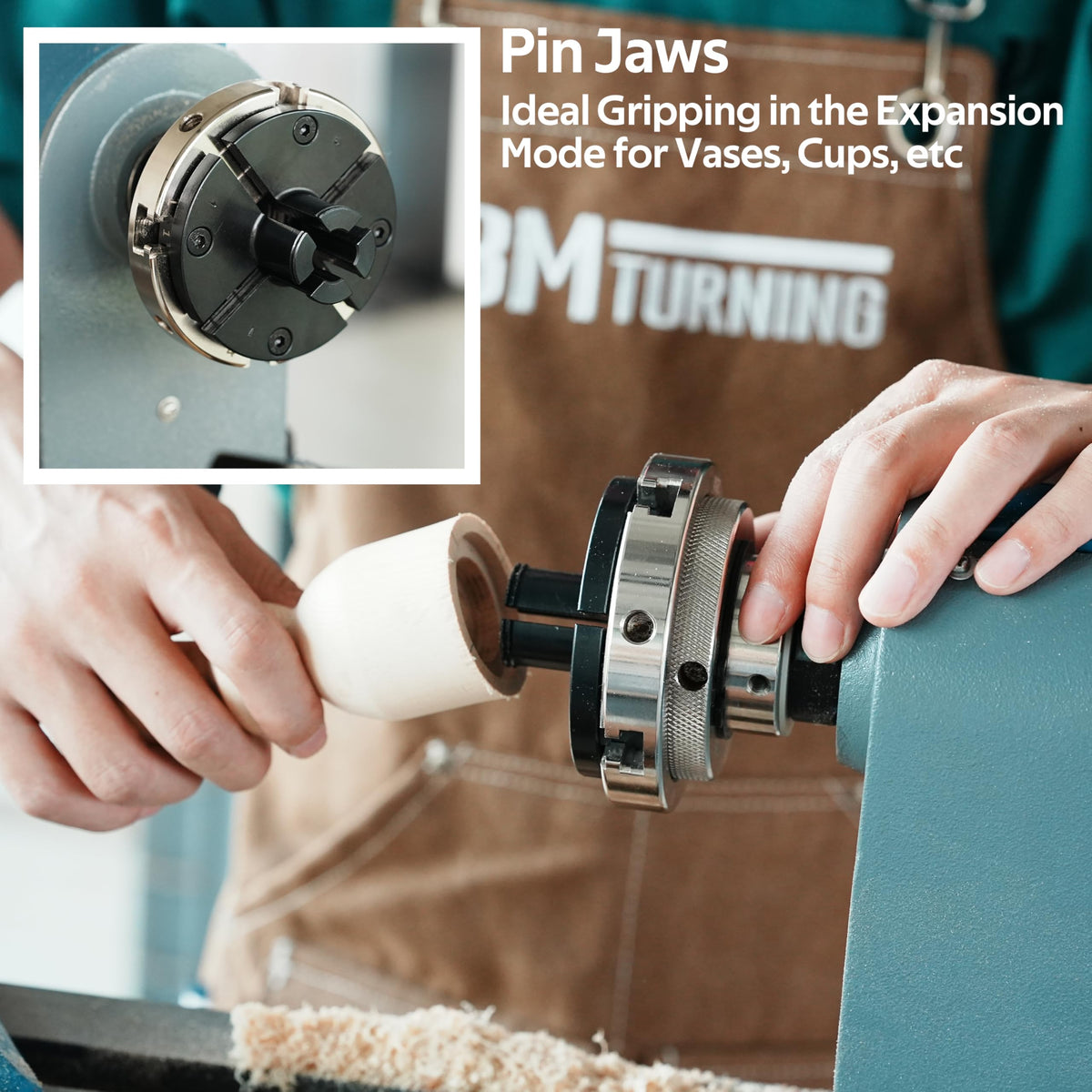 BMTURNING 4” Wood Lathe Self-Centering Chuck Set, Dovetail Jaws, Pin Jaws, Step Jaws, Wide Jaws, 5" Flat Jaws, Wood Screw, 1"x8TPI Thread, adaptor to 3/4"x16TPI, with Nickle electric Coating.