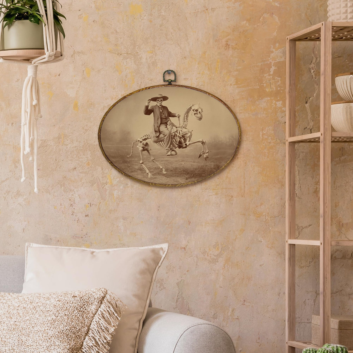 kdqua Funny Western Cowboy Skeleton Oval Wall Art Decor, Western Canvas Artwork Framed, Rustic Spooky Skeleton Skull Wall Hanging Decorations for Home Living Room Bedroom, 11.4x8.6 Inch