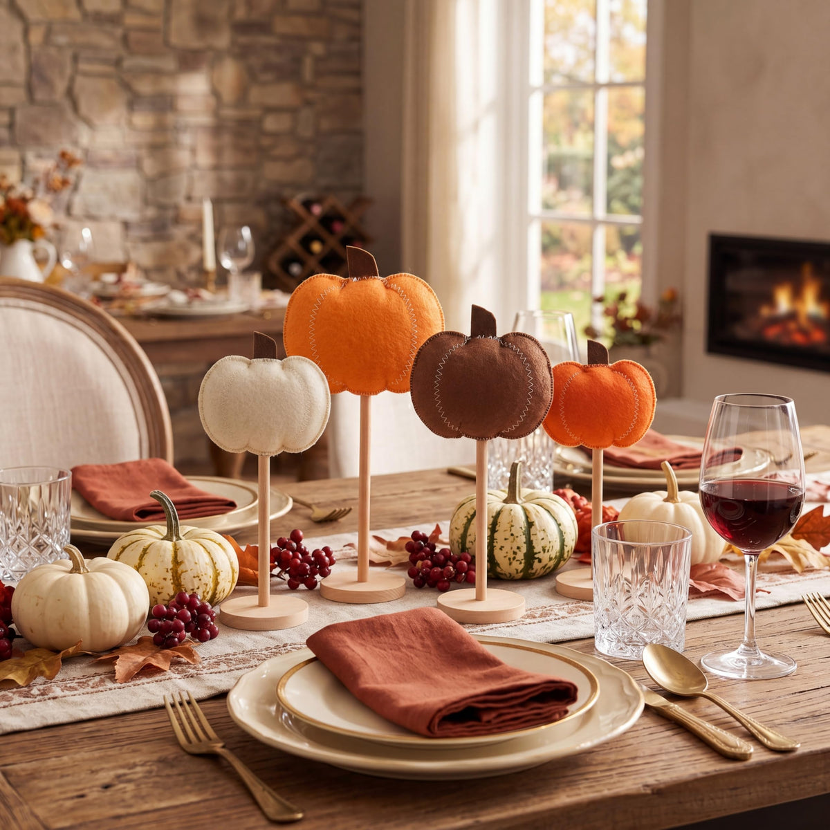 SiliFine 4 Pcs Fall Decorations for Home, Felt Pumpkin Standing Tabletop Decor, Handcrafted Rustic Fall Felt Pumpkin Tabletop Decoration for Thanksgiving Autumn Farmhouse Home Decoration