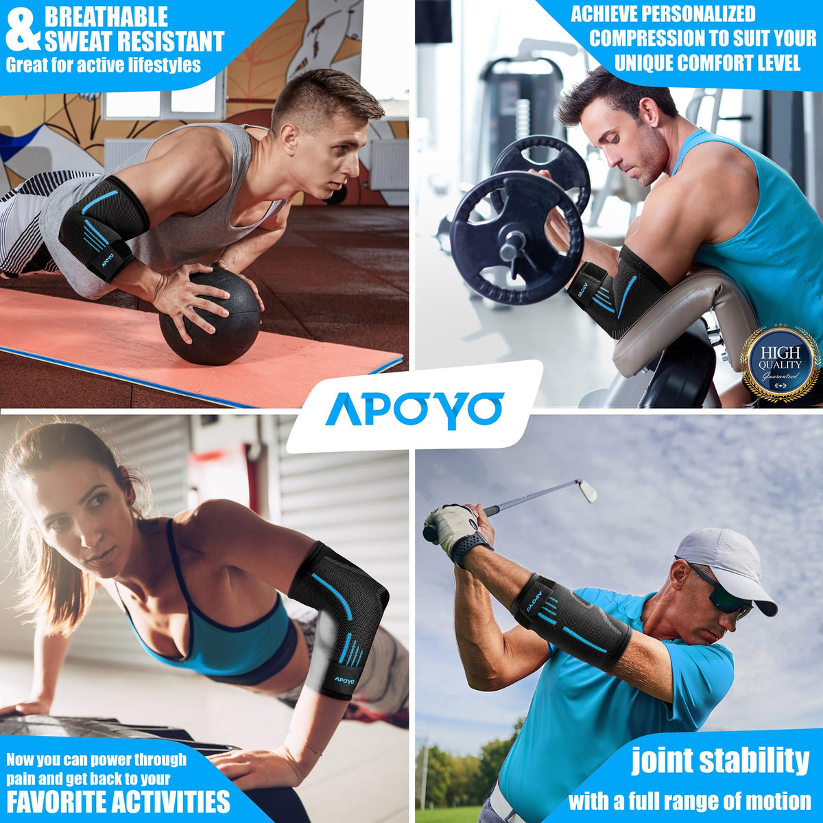 APOYO Elbow Brace for Tendonitis and Tennis Elbow, Compression Sleeve for Arthritis, Workouts, Reduce Joint Pain During Fitness Activity (Large)