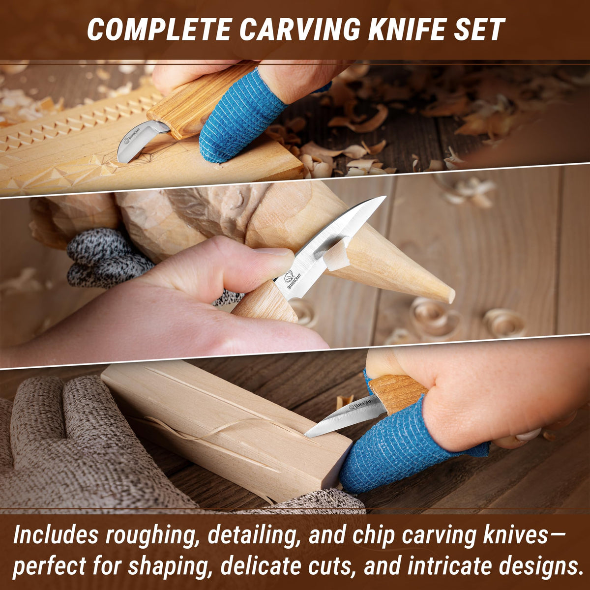 BeaverCraft Wood Carving Knife Kit S15 Whittling Kit for Beginners, Kids - Wood Carving Tools Set with Detail Chip Knife Sloyd Whittling Knives & Leather Strop, Polishing Compound and Tutorials