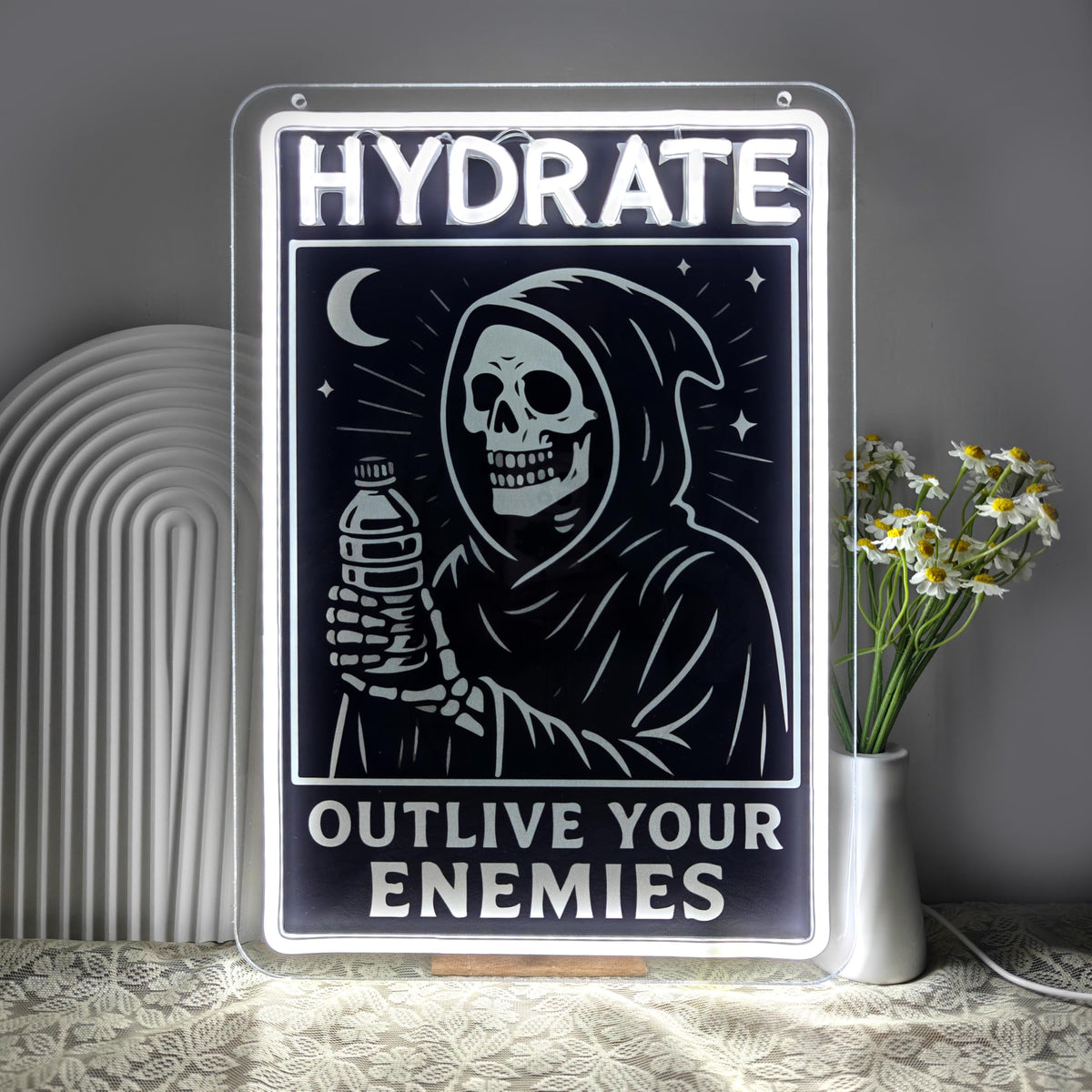 Grim Reaper "Hydrate" LED Neon Sign, Gothic Room Decor Aesthetic, Cool Neon Signs for Gaming Room, White Dimmable Acrylic Light with Printed Skeleton Art, 16.53x11.22"