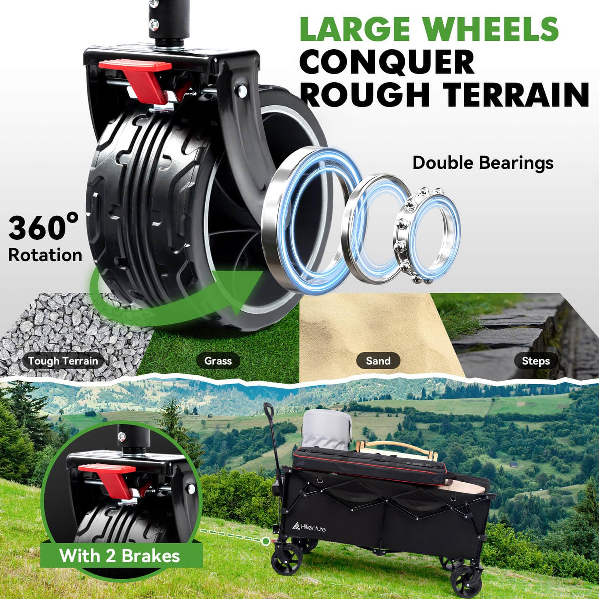 Hikenture Extended Collapsible Wagon, 500 LBS Wagons Carts Foldable, Heavy Duty Beach Wagon with Big Wheels for Sand, 300L Large Capacity Foldable Wagons, Utility Grocery Cart for Garden, Sports