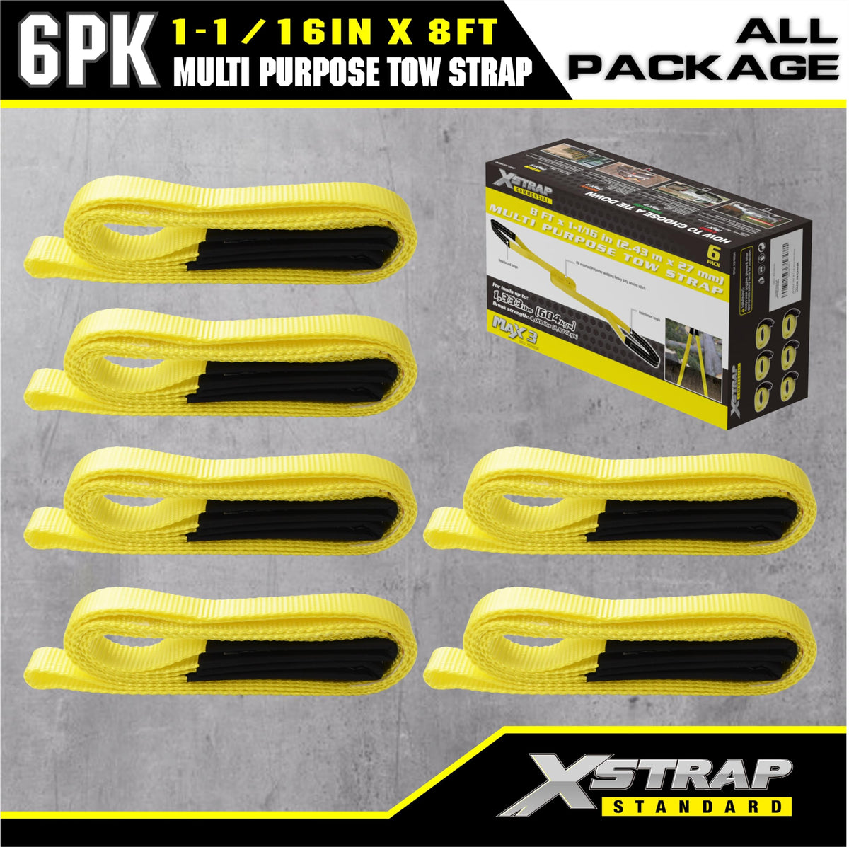 XSTRAP STANDARD 6PK 1" x8' Lift Sling Web Strap/Wear Guard End, 4,000 lbs Break Strength Lifting Straps with 2 Reinforced Loops for Tree Saver Lifting Furniture Appliances Machine