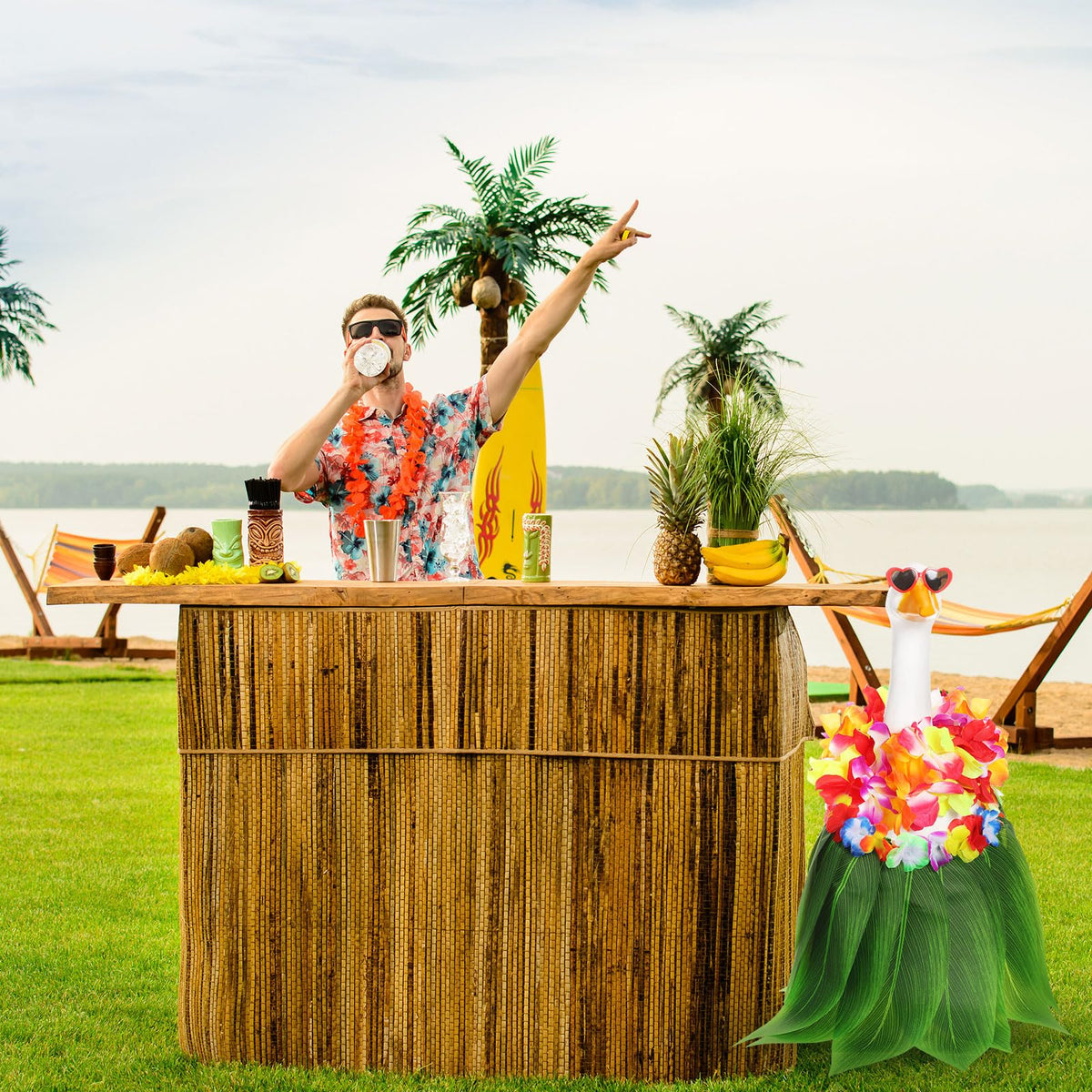 Silicherry 3 Pcs Hawaiian Goose Outfit, 23'' Porch Lawn Luau Goose Statue Clothes Grass Skirt Costume for Tropical Summer Patio Yard Outdoor Decoration