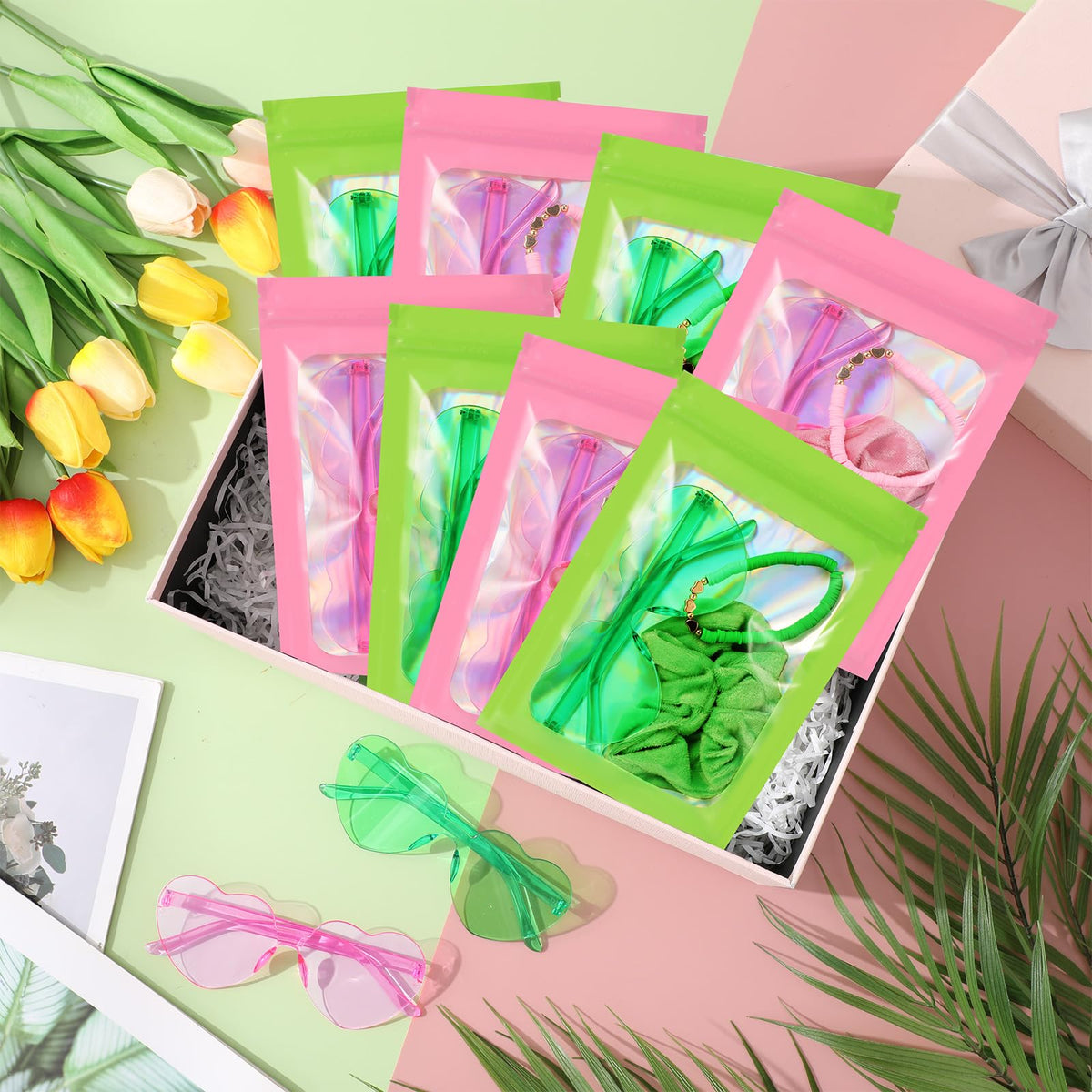 XunYee 48 Pcs Witch Theme Party Favor Supplies Pink and Green Velvet Hair Scrunchies Friendship Bracelets Sunglasses Bags 12 Set Neon Friendship Gifts for Fans Women Pink and Green Party Favors