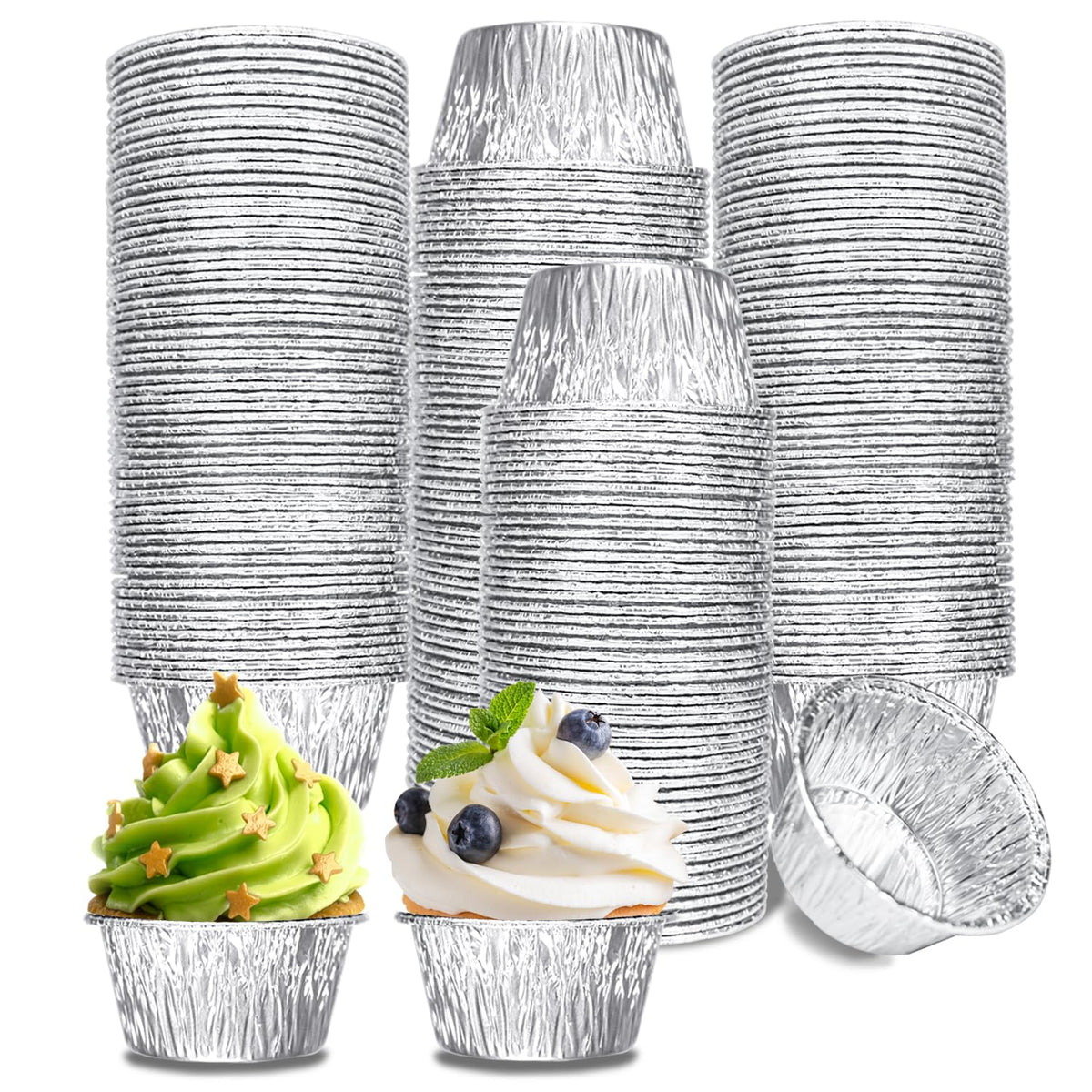Aluminum Foil Baking Cups 150 Pcs, VIHOYOM 4 Oz Disposable Ramekin Aluminum Cupcake liners, Silver Foil Baking Cups Muffin Liners for Egg Tart, Baking, Cupcake, Pudding, Appetize