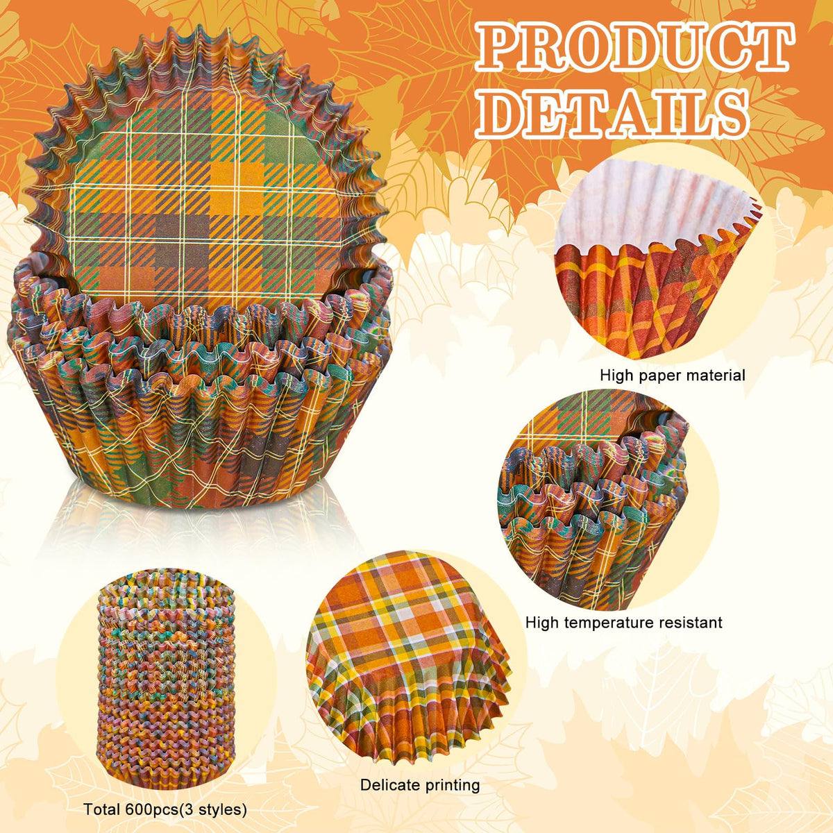 Whaline 600Pcs Fall Thanksgiving Cupcake Liners Plaid Baking Cups Autumn Muffin Cupcake Wrappers for Birthday Party Decor Supplies