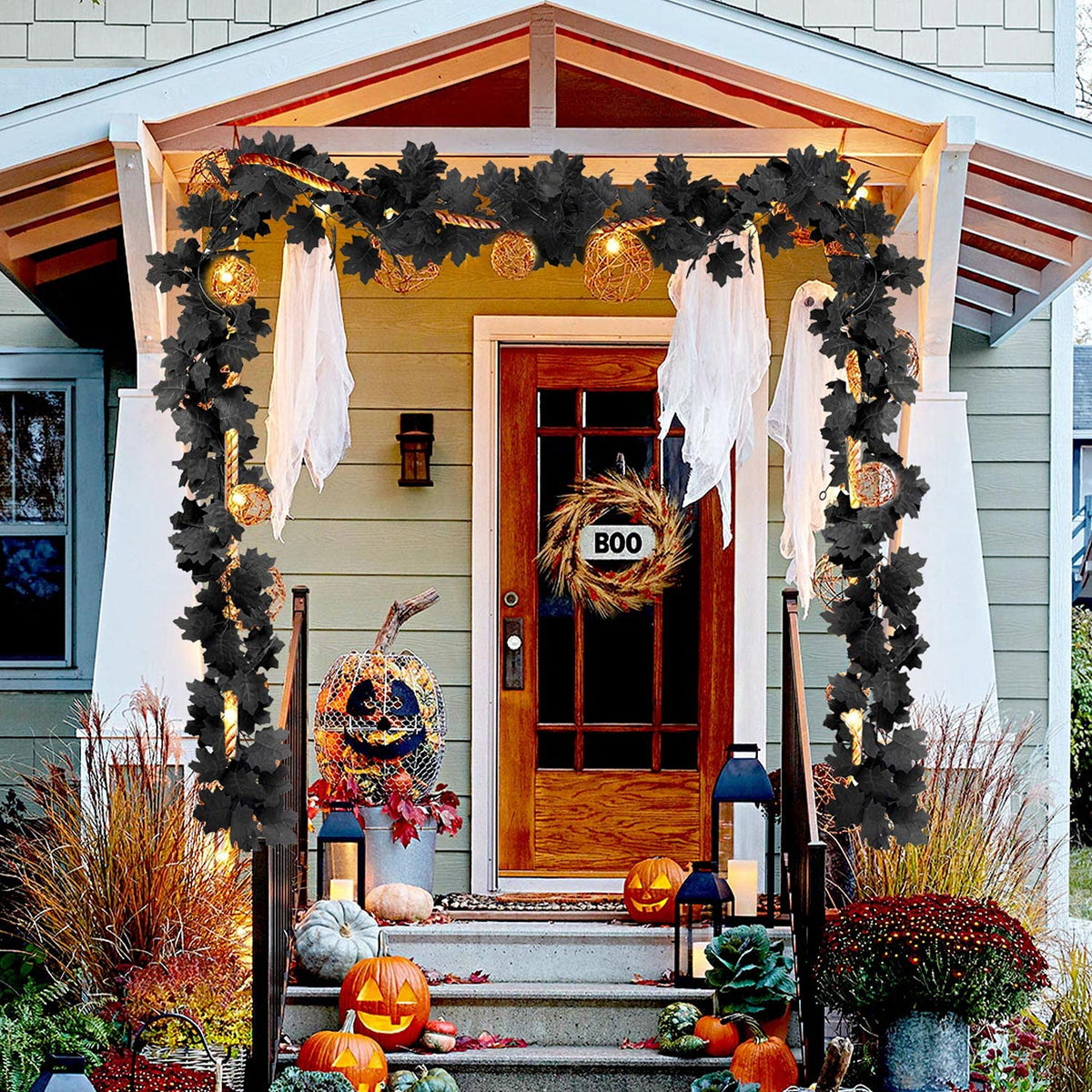 Black Maple Leaf Garland, 2PCS Halloween Artificial Hanging Fall Leave Vines, Fall Floral Garlands Thanksgiving Decor for Home Wedding Party (11.8FT)