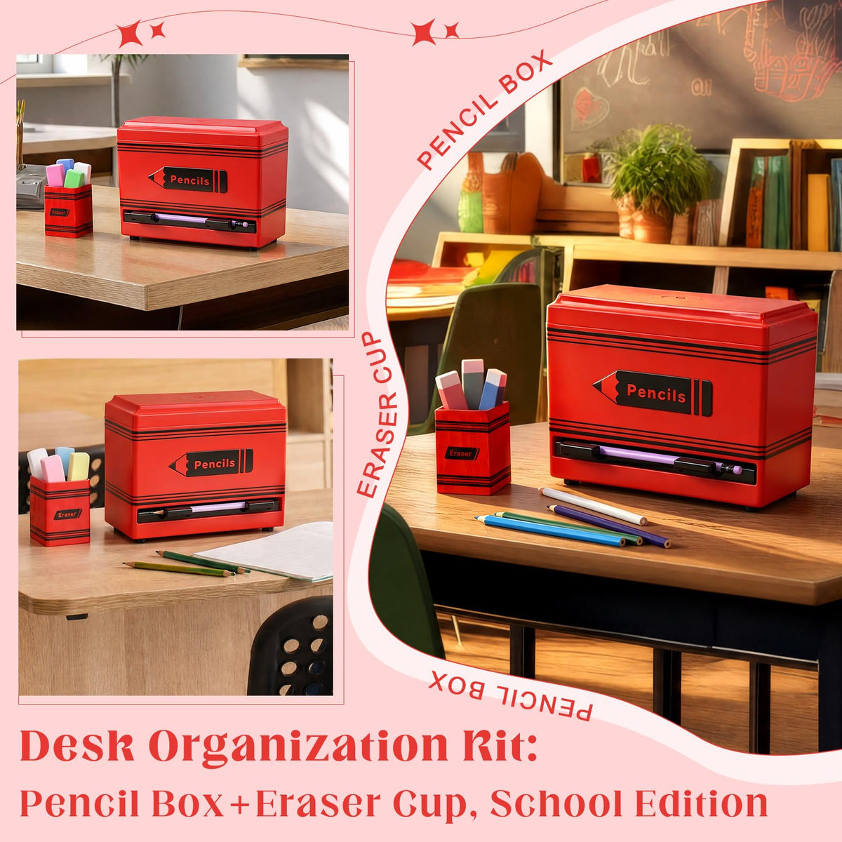 Gueevin 2pcs Pencil Dispenser for Classroom, Fun Desk Organizer with Eraser Holder, Interactive Pencil Storage for Teachers, Students & Homeschool Desk Organizer, Back to School Supplies(Red)