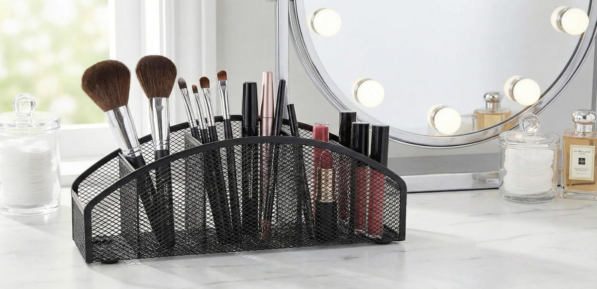 Yunsphere 5-Tier Desk Organizer & Pen Holder, Large-Capacity Metal Mesh Pencil Cup, Cute Aesthetic Desktop Caddy for Markers, Art Supplies, Makeup Brushes, Black