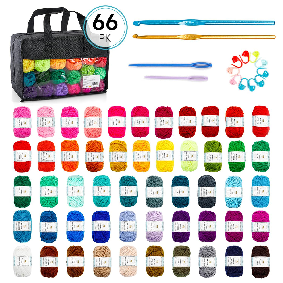 Inscraft 52 Acrylic Yarn Skeins, 1820 Yards 52 Colors, 2 Crochet Hooks, 2 Weaving Needles, 10 Stitch Markers, 1 Bag, for Crocheting & Knitting, Gift Beginners and Adults