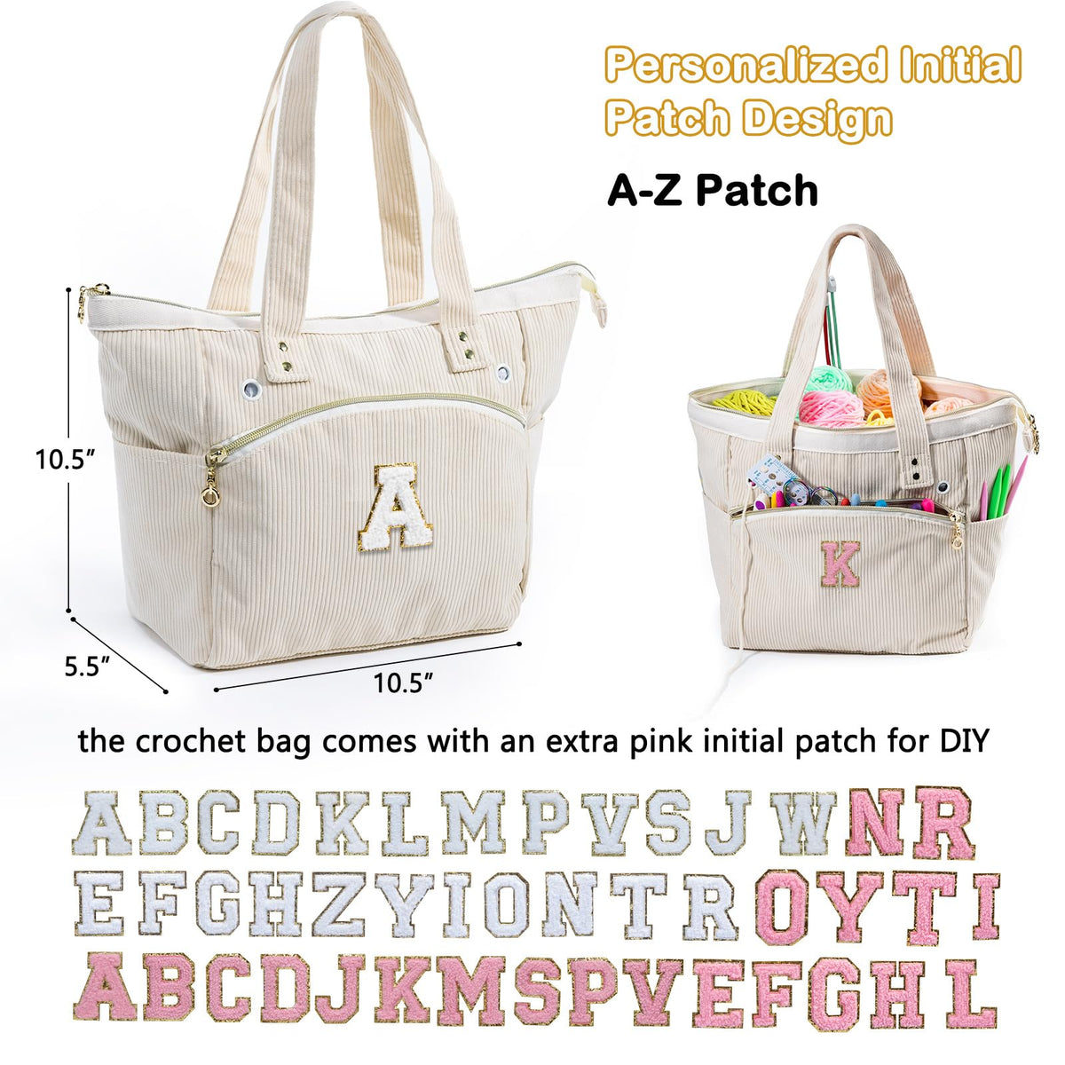 Initial Personalized Crochet Bag Tote - Corduroy Yarn Bag Storage - Yarn Holder for Crocheting - Crochet Organizer for Crochet Hooks, Crochet Accessories,Project Bag Knitting Bag Crochet Lover Gift