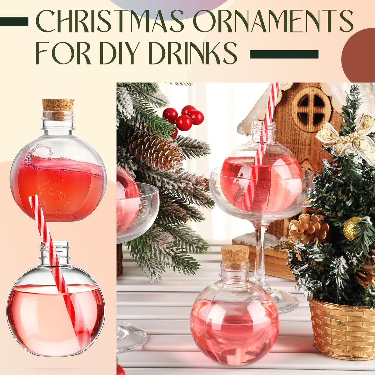 Jinei 30 Packs 8 oz Spherical Plastic Potion Bottles Ball Shape Sand Bottles Clear Plastic Cocktail Ornament Balls with Funnels for DIY Wedding Party Gift Crafts Decoration(Cork,Wooden)